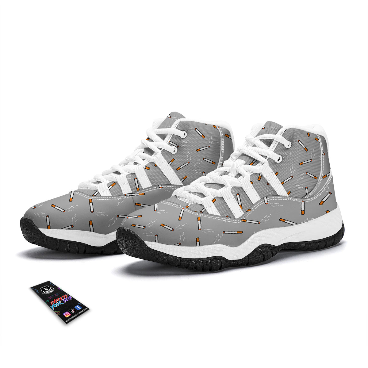 Gray Cigarette Print Pattern White Bball Shoes-grizzshop