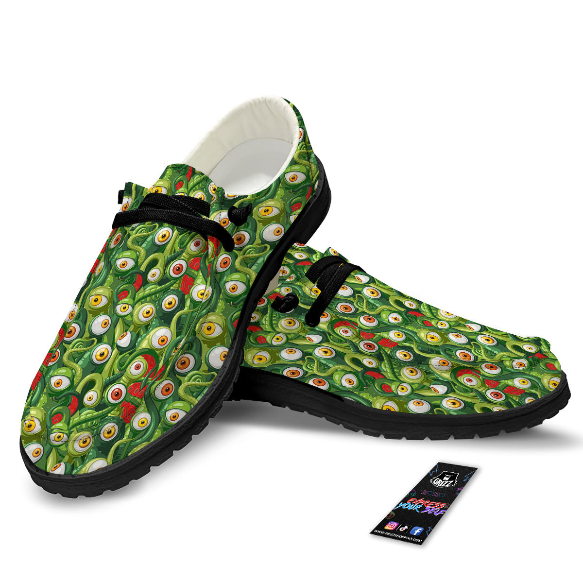 Green Alien Monster Print Pattern Black Loafers-grizzshop