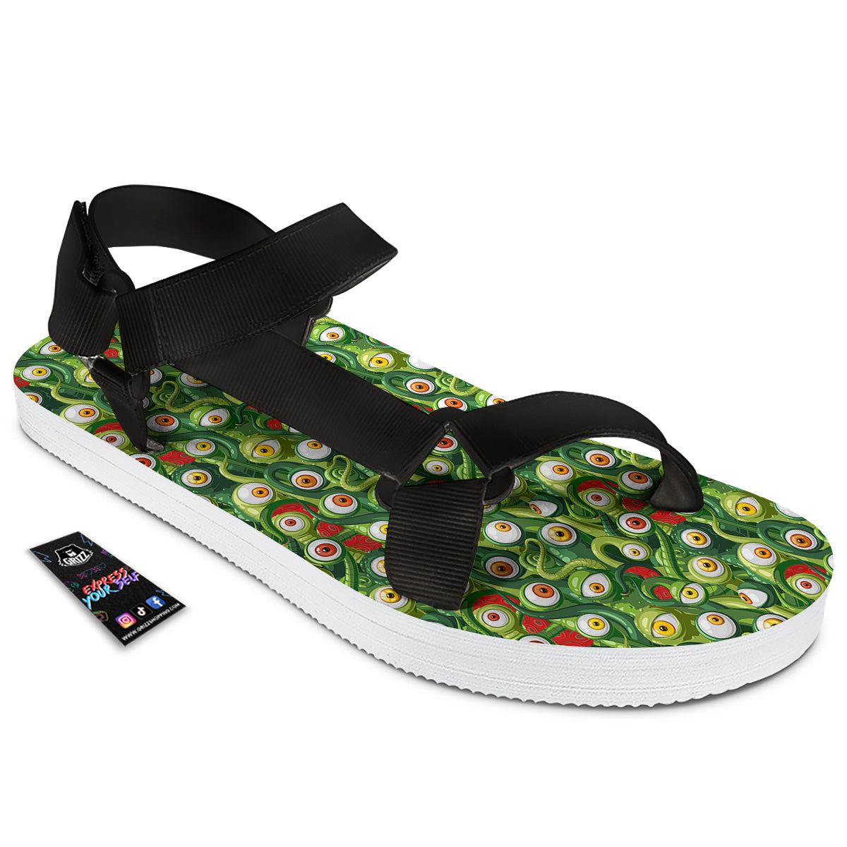 Green Alien Monster Print Pattern Black Open Toe Sandals-grizzshop