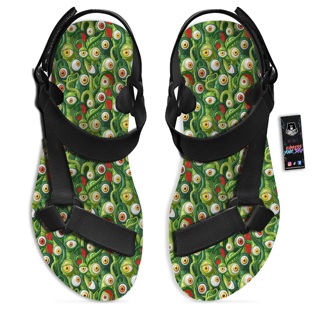 Green Alien Monster Print Pattern Black Open Toe Sandals-grizzshop