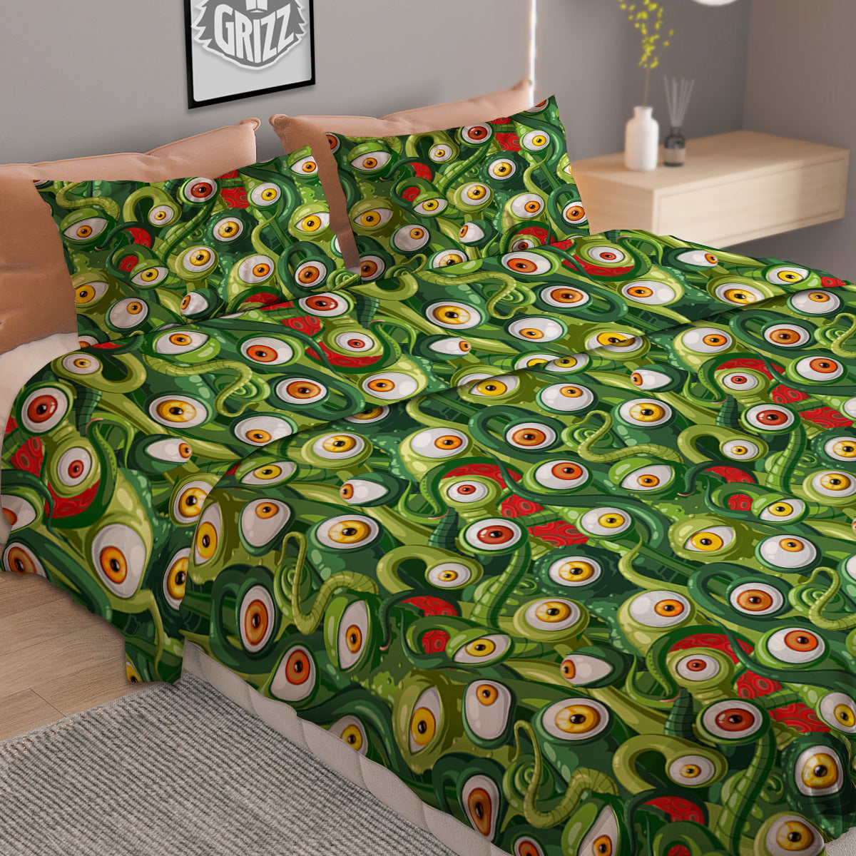 Green Alien Monster Print Pattern Duvet Cover Bedding Set