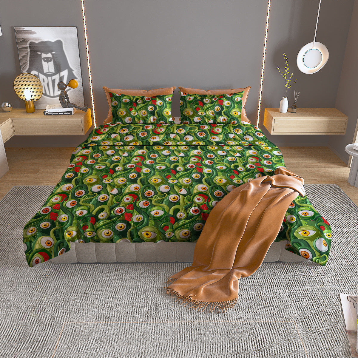 Green Alien Monster Print Pattern Duvet Cover Bedding Set