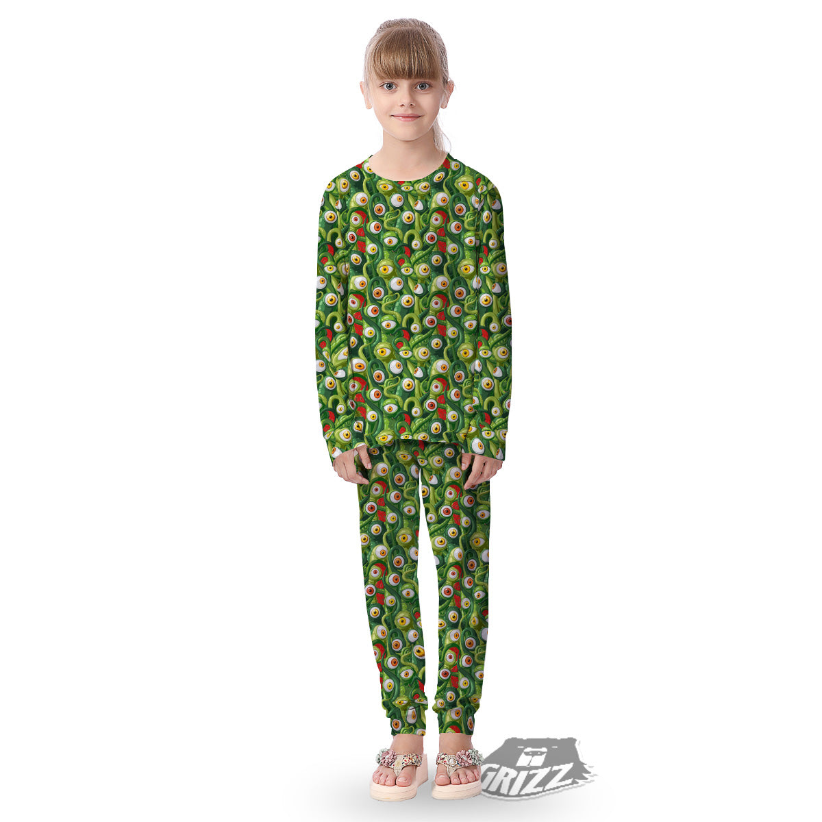 Green Alien Monster Print Pattern Kid's Pajamas-grizzshop