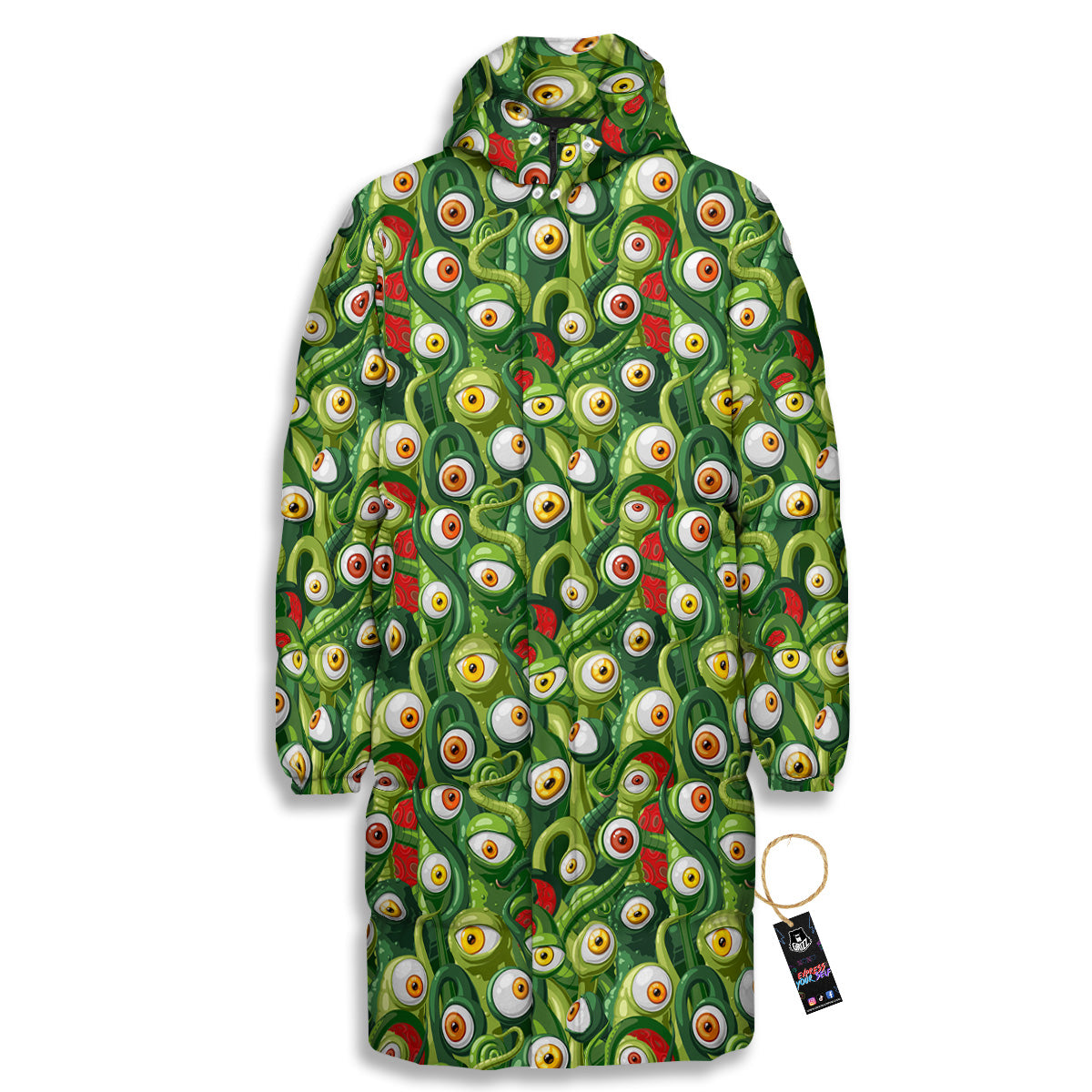 Green Alien Monster Print Pattern Long Down Jacket-grizzshop
