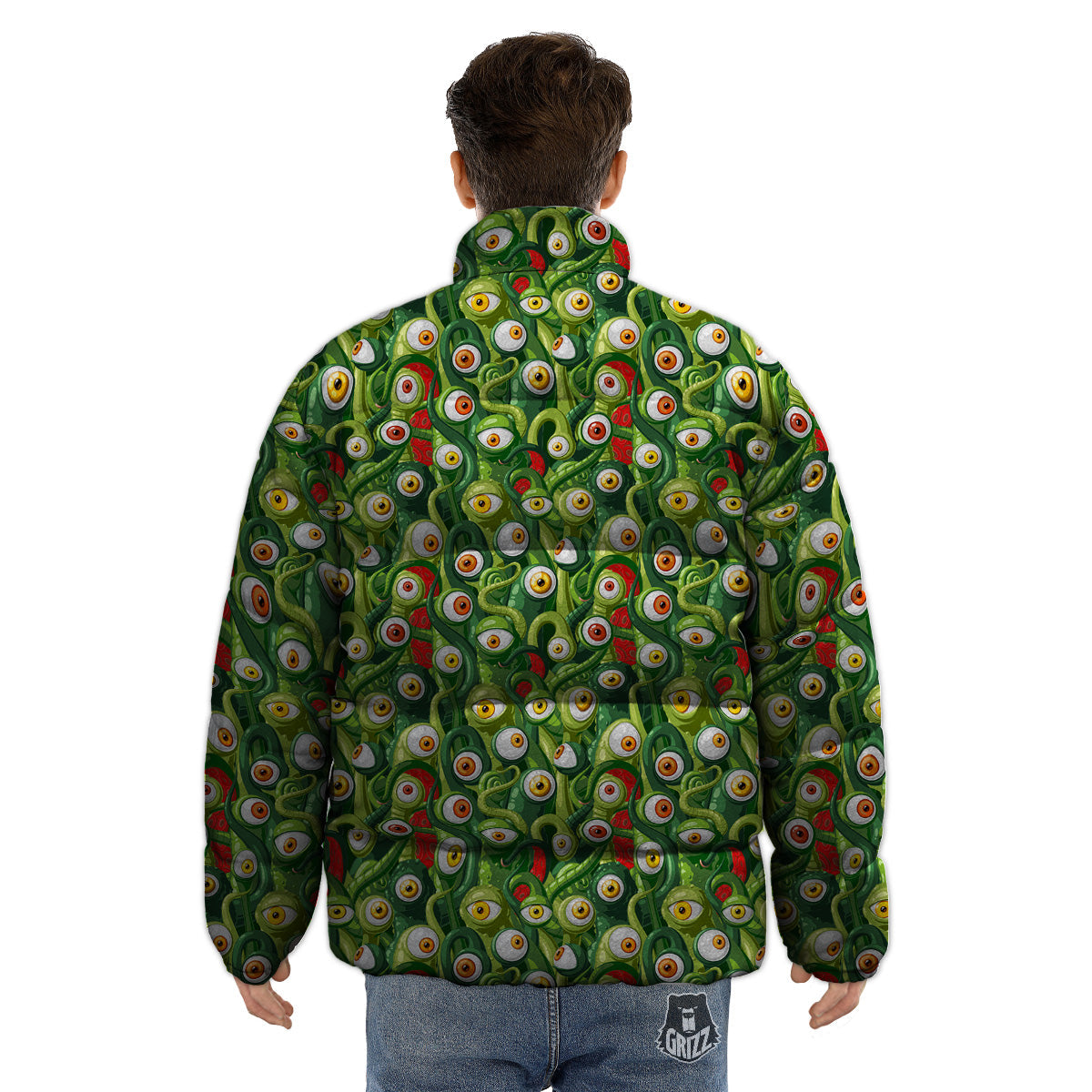 Green Alien Monster Print Pattern Puffer Jacket-grizzshop