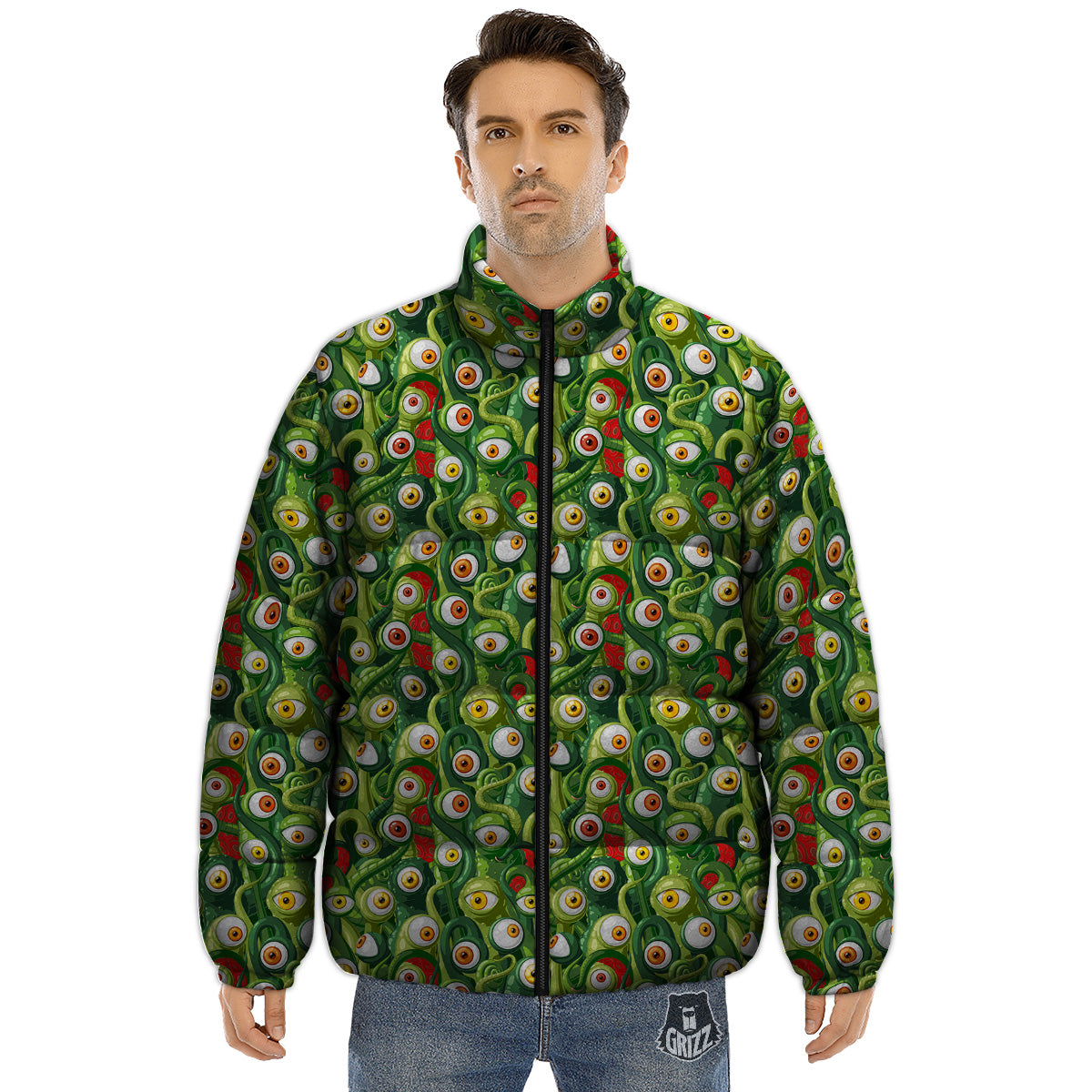 Green Alien Monster Print Pattern Puffer Jacket-grizzshop