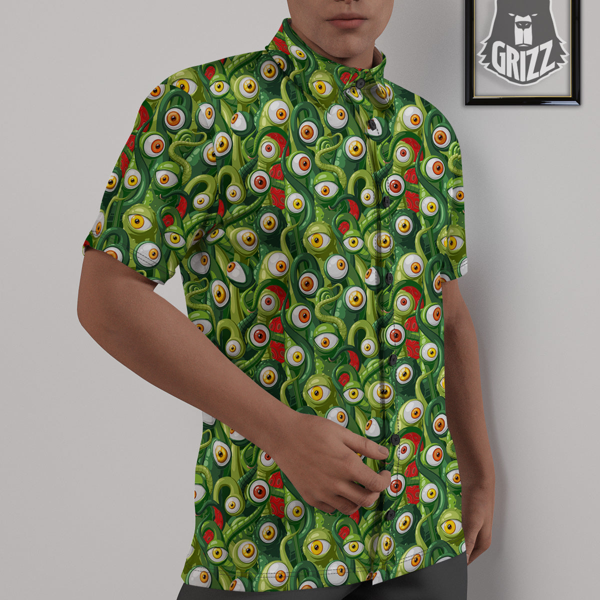 Green Alien Monster Print Pattern Untucked Shirts-grizzshop