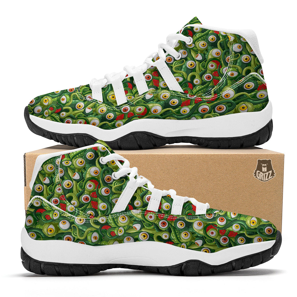 Green Alien Monster Print Pattern White Bball Shoes-grizzshop