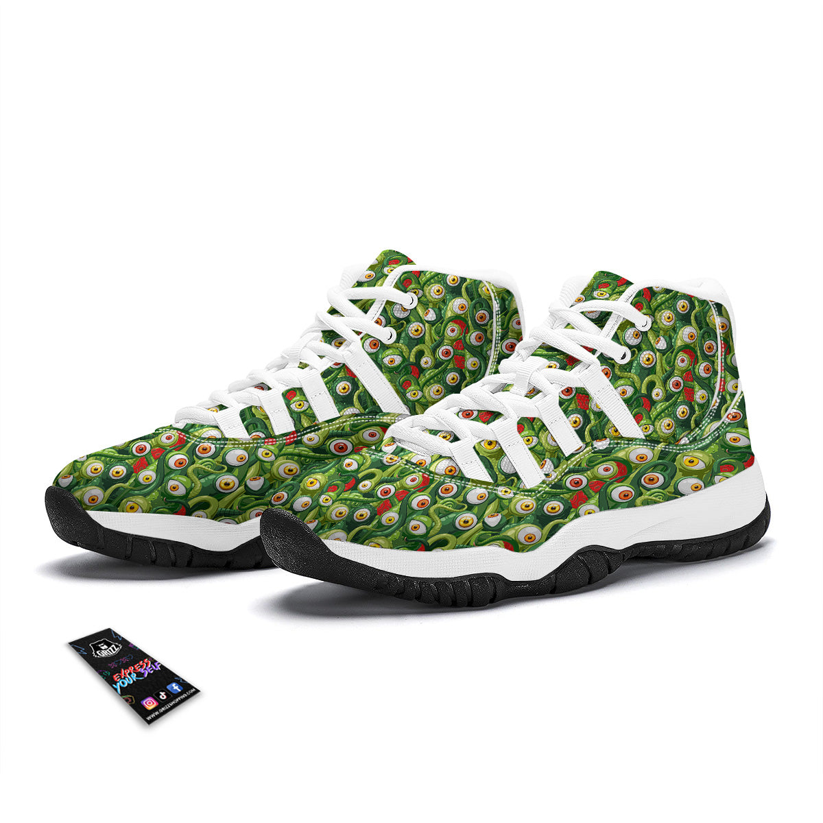 Green Alien Monster Print Pattern White Bball Shoes-grizzshop