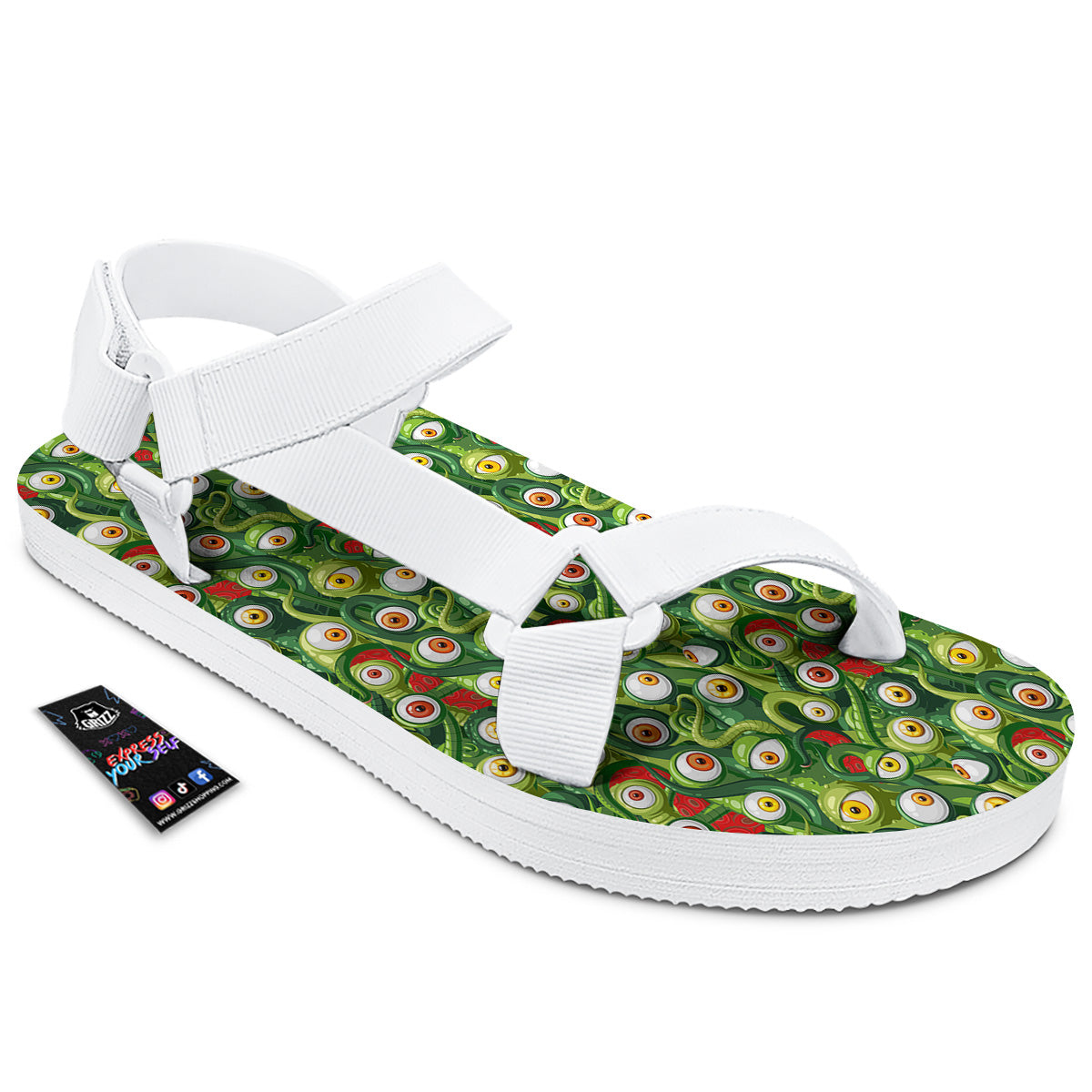 Green Alien Monster Print Pattern White Open Toe Sandals-grizzshop