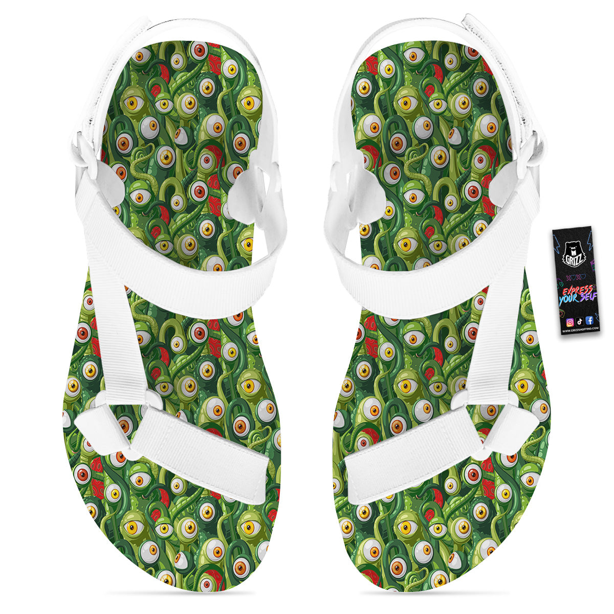 Green Alien Monster Print Pattern White Open Toe Sandals-grizzshop