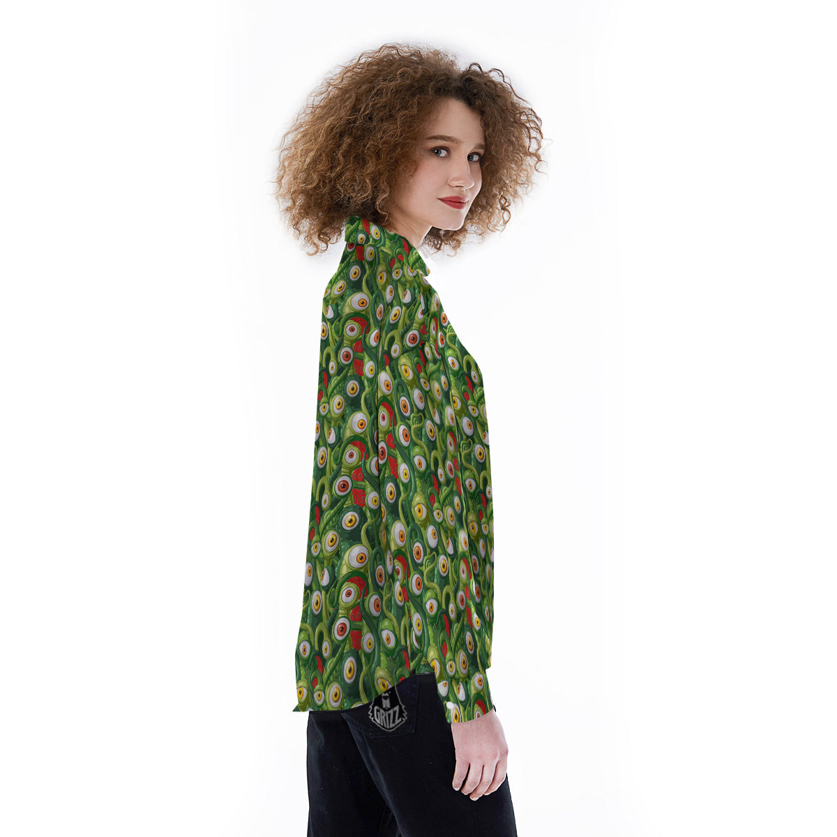 Green Alien Monster Print Pattern Women's Long Sleeve Shirts-grizzshop