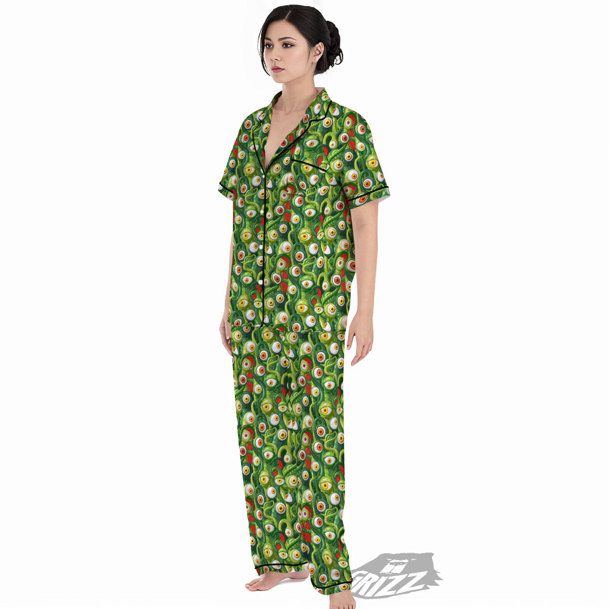 Green Alien Monster Print Pattern Women's Pajamas Set-grizzshop