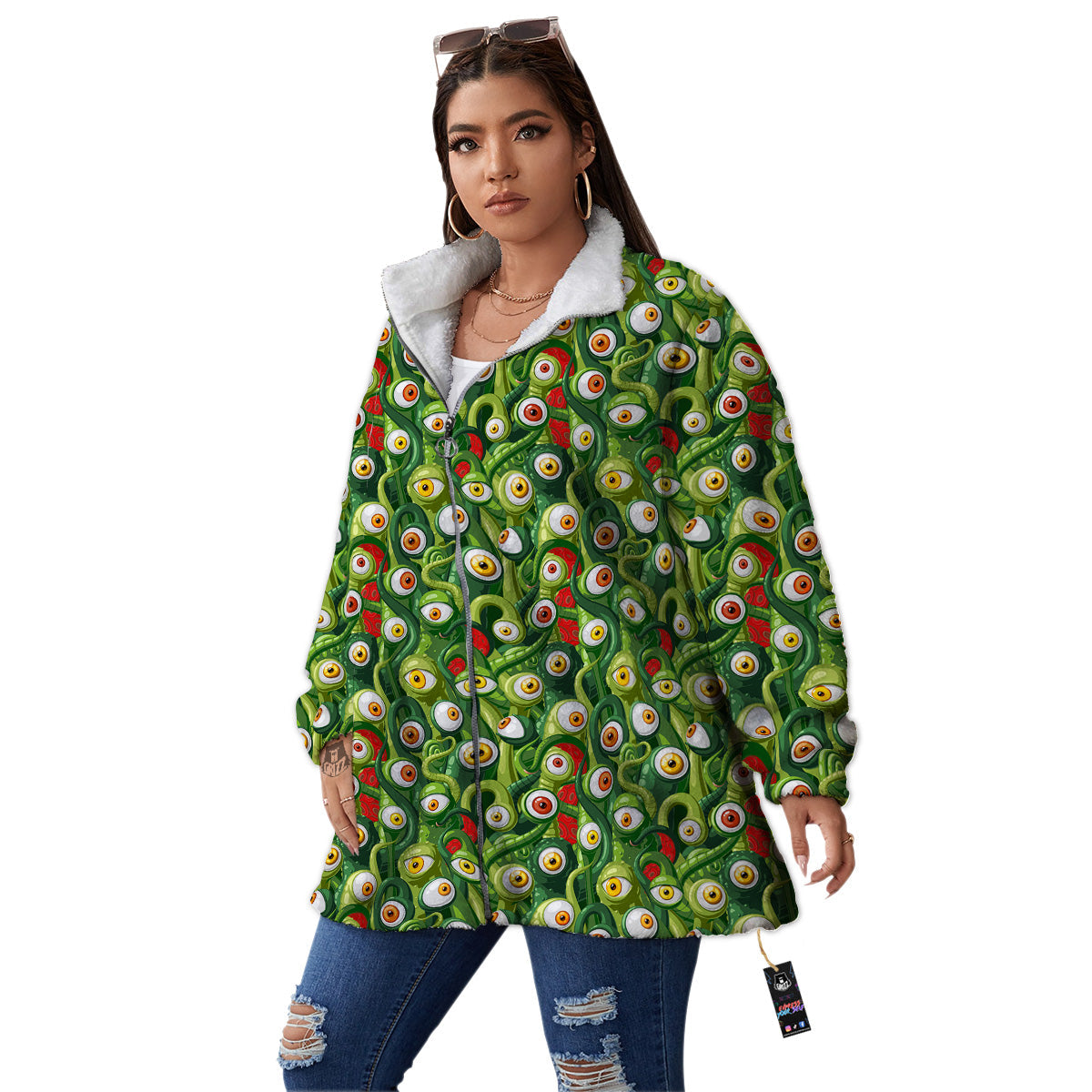 Green Alien Monster Print Pattern Women's Sherpa Jacket-grizzshop