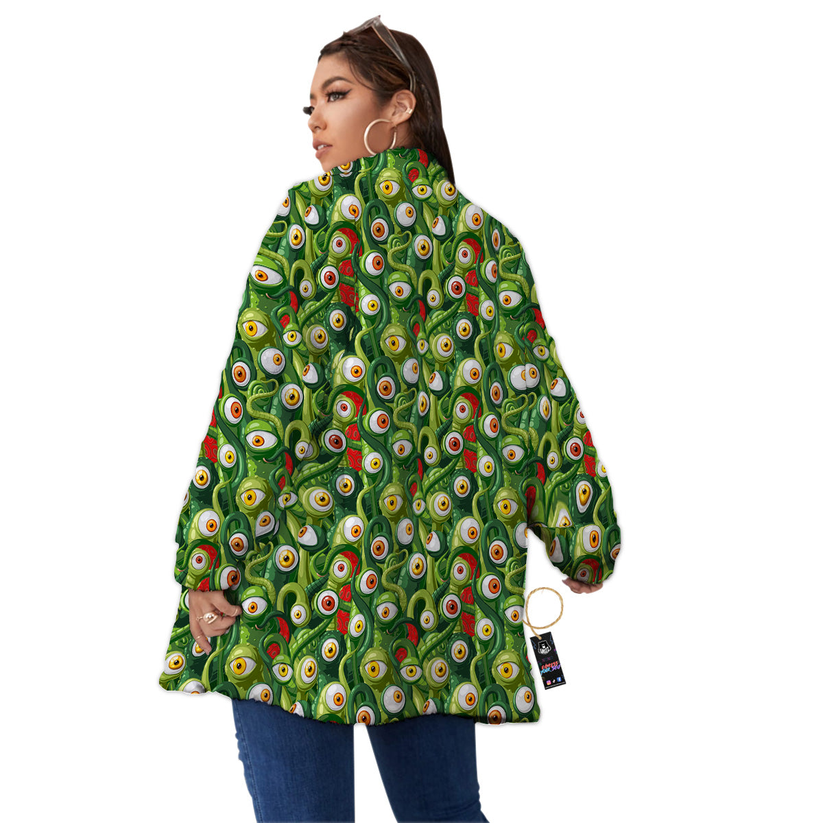 Green Alien Monster Print Pattern Women's Sherpa Jacket-grizzshop
