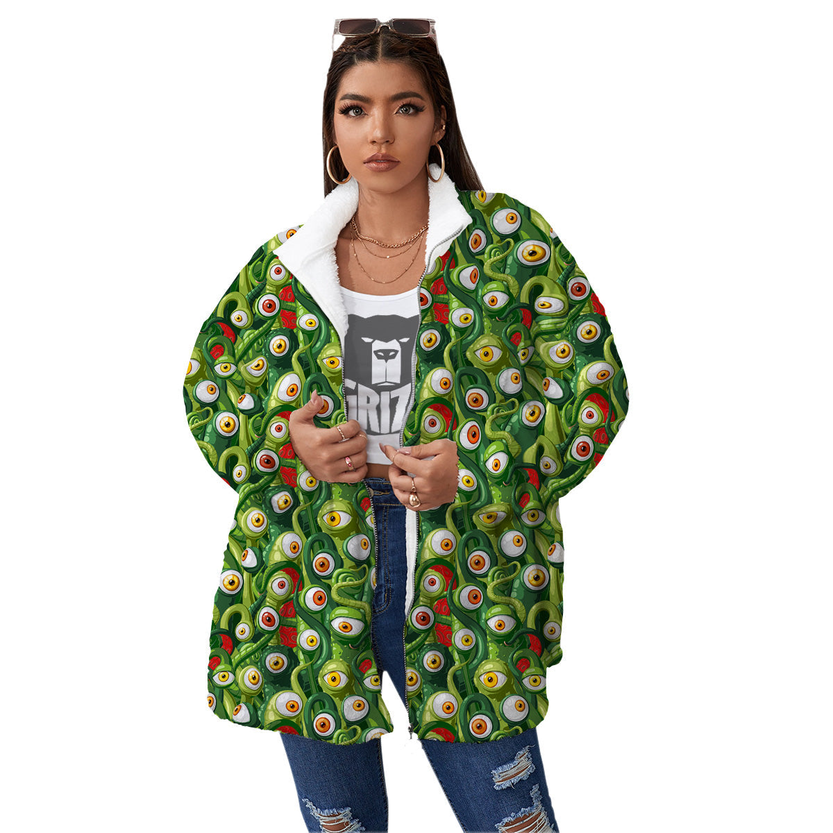 Green Alien Monster Print Pattern Women's Sherpa Jacket-grizzshop