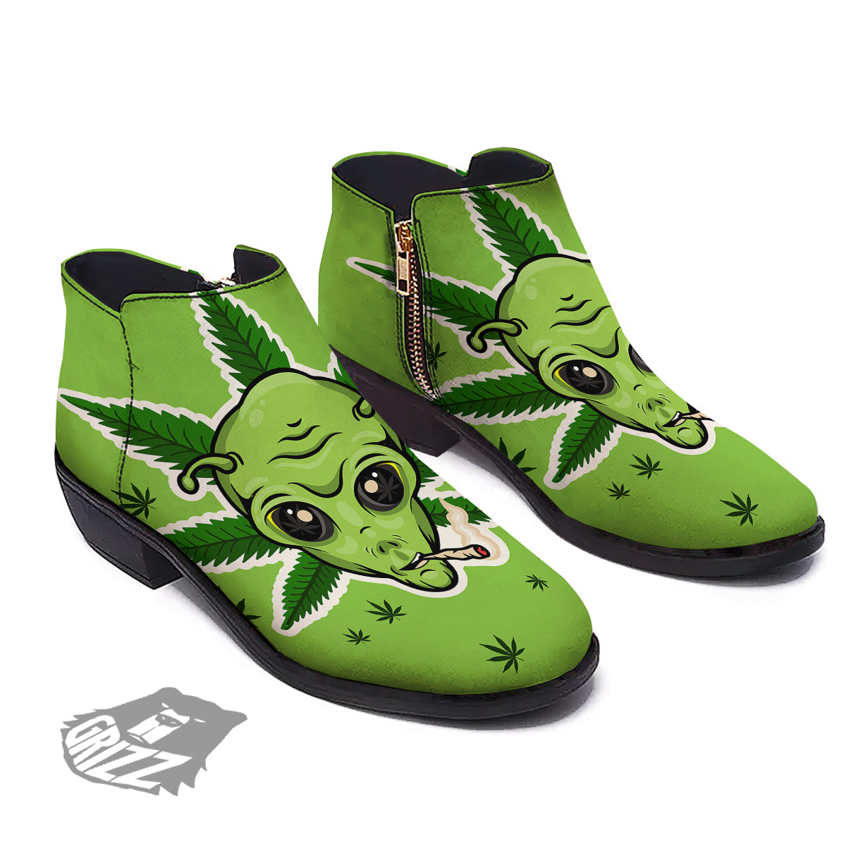 Green Alien Smoking Print Ankle Boots-grizzshop
