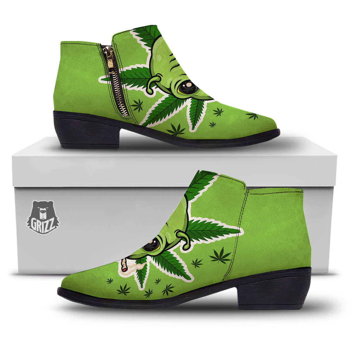 Green Alien Smoking Print Ankle Boots-grizzshop