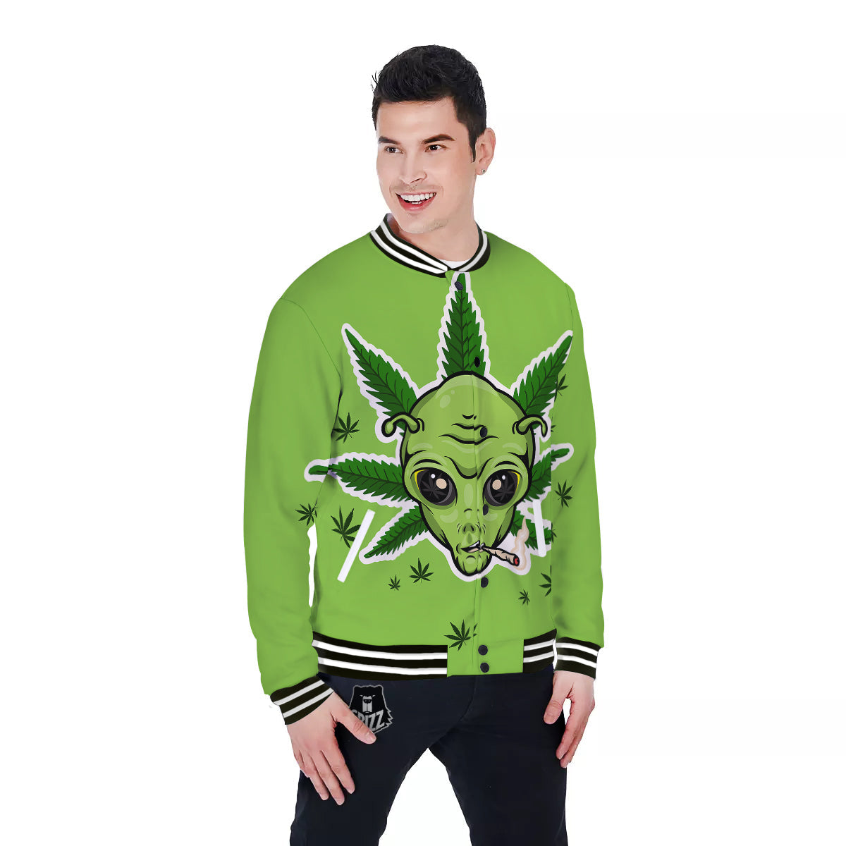 Green Alien Smoking Print Baseball Jacket-grizzshop