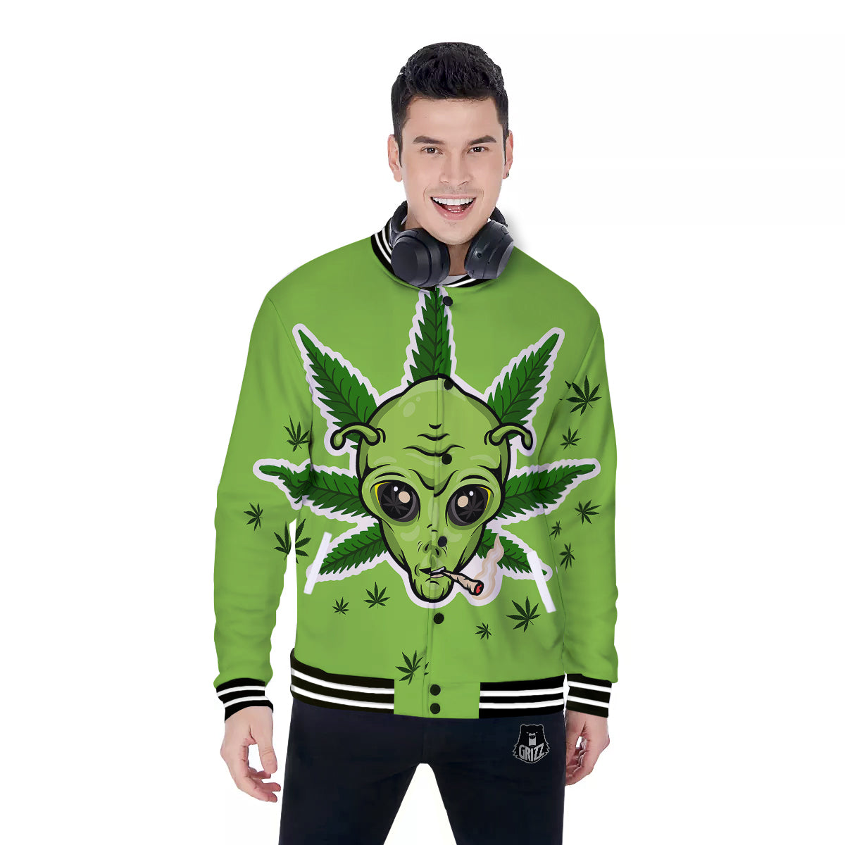 Green Alien Smoking Print Baseball Jacket-grizzshop
