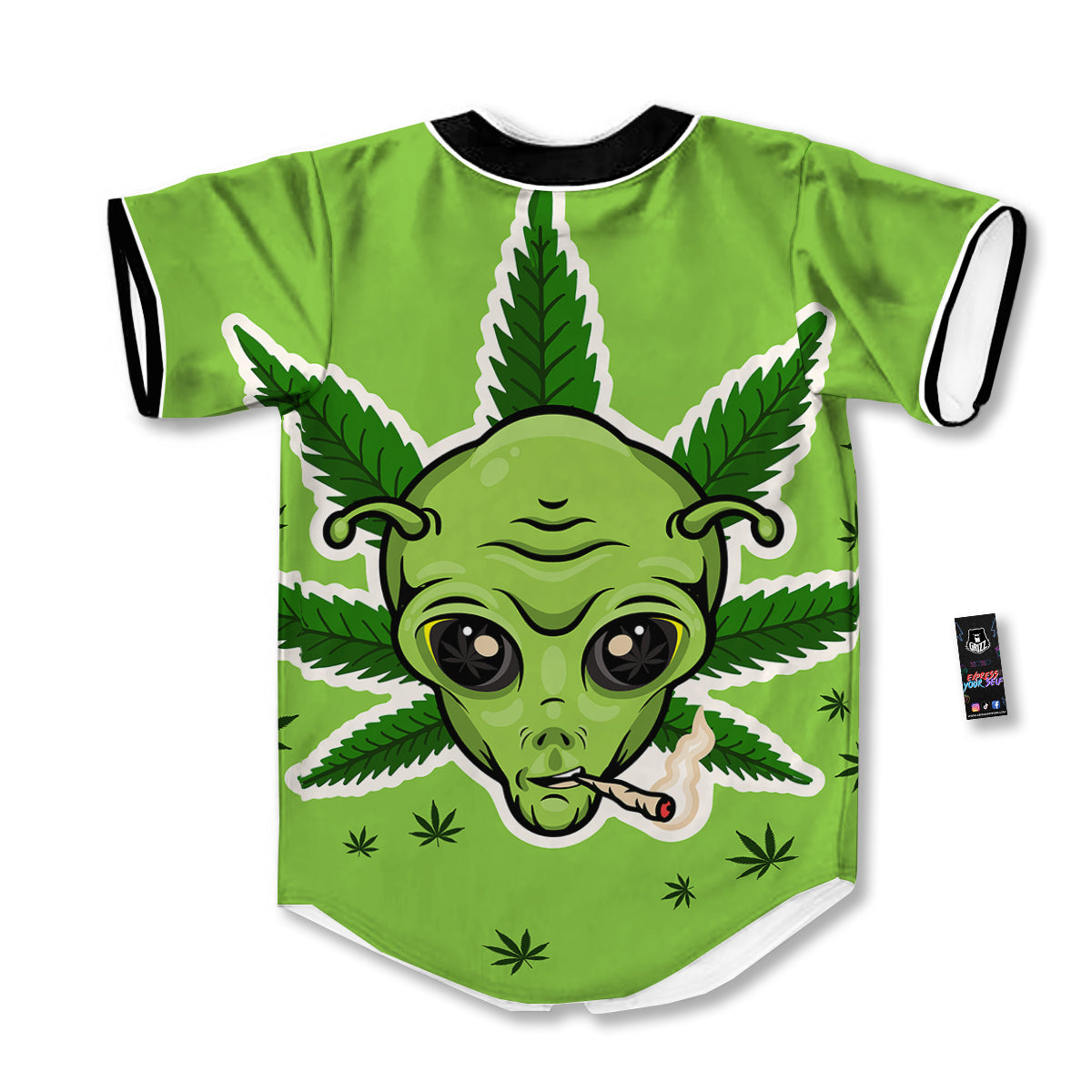 Green Alien Smoking Print Baseball Jersey-grizzshop