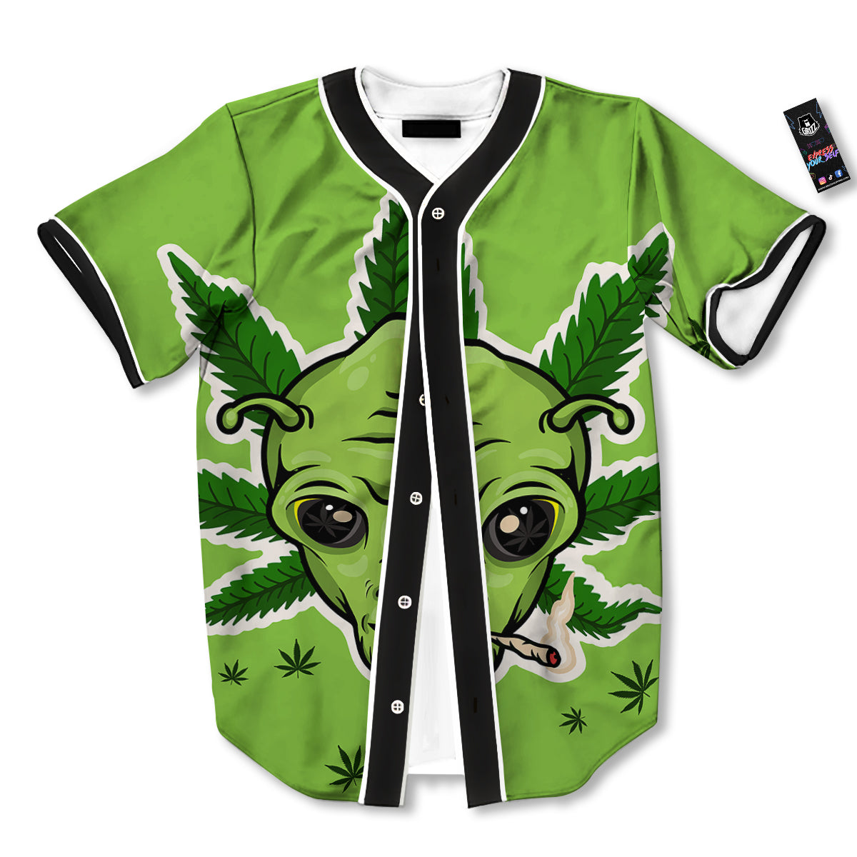 Green Alien Smoking Print Baseball Jersey-grizzshop