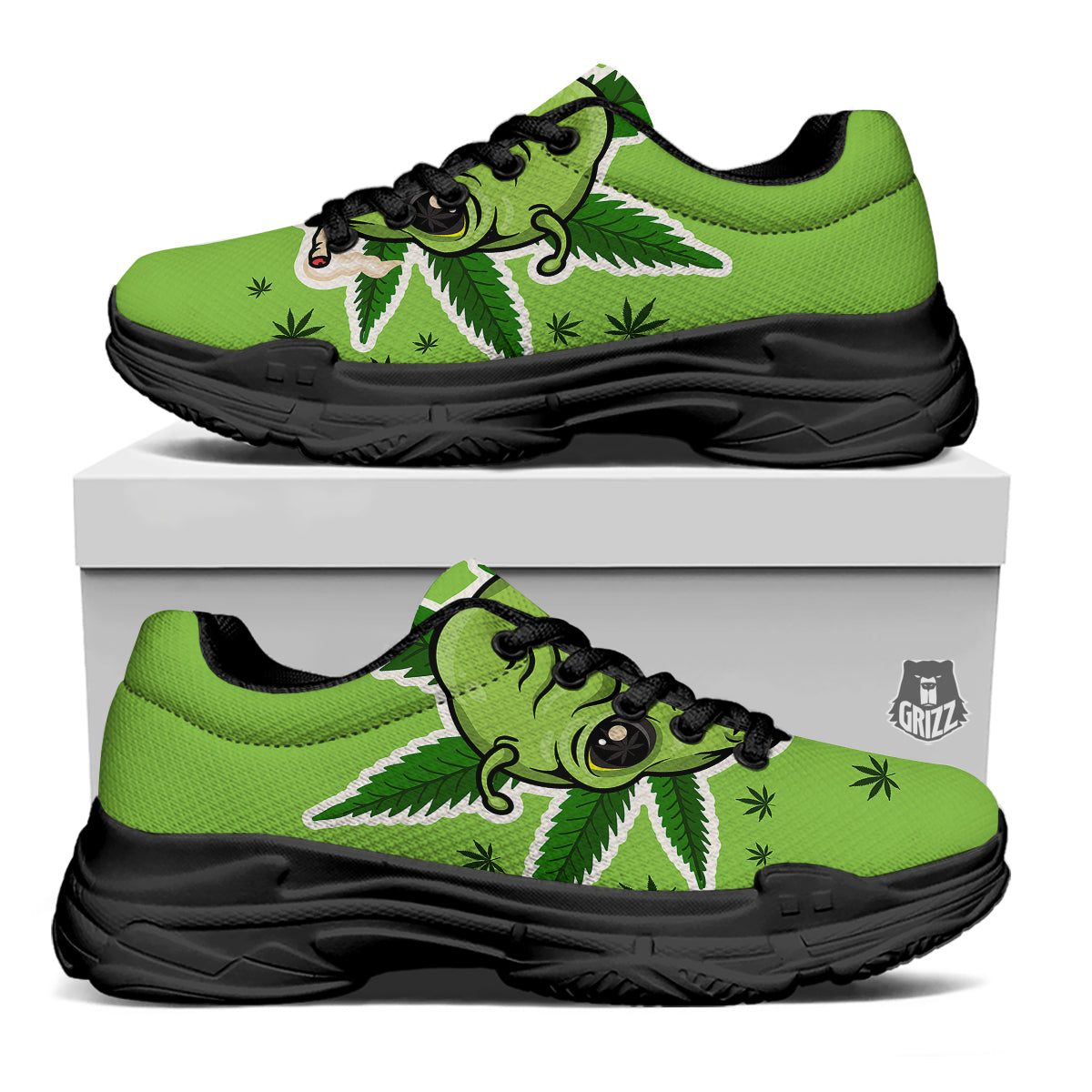 Green Alien Smoking Print Black Chunky Shoes-grizzshop