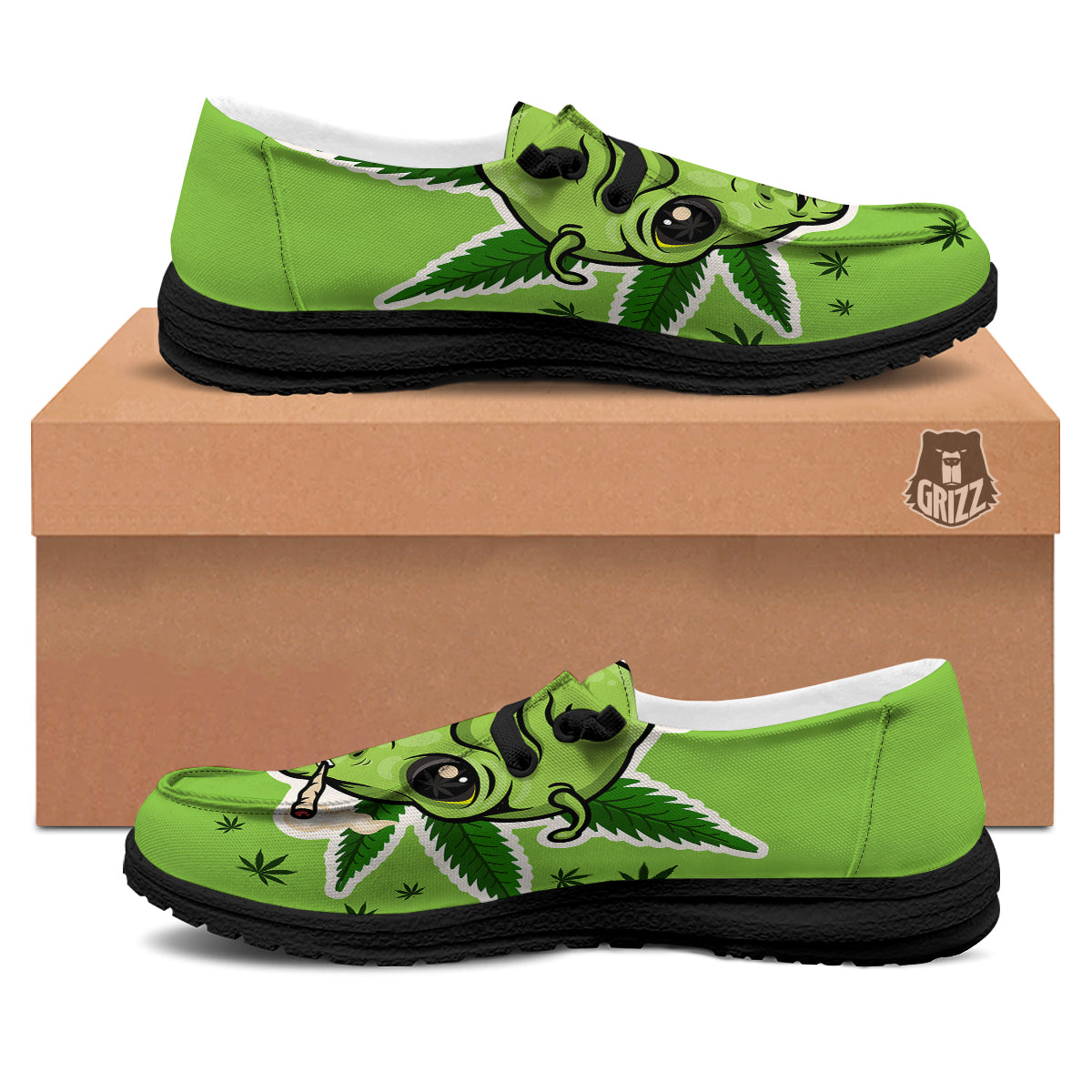 Green Alien Smoking Print Black Loafers-grizzshop