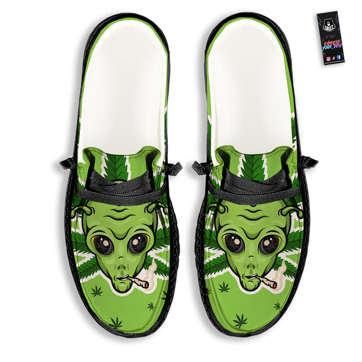 Green Alien Smoking Print Black Loafers-grizzshop