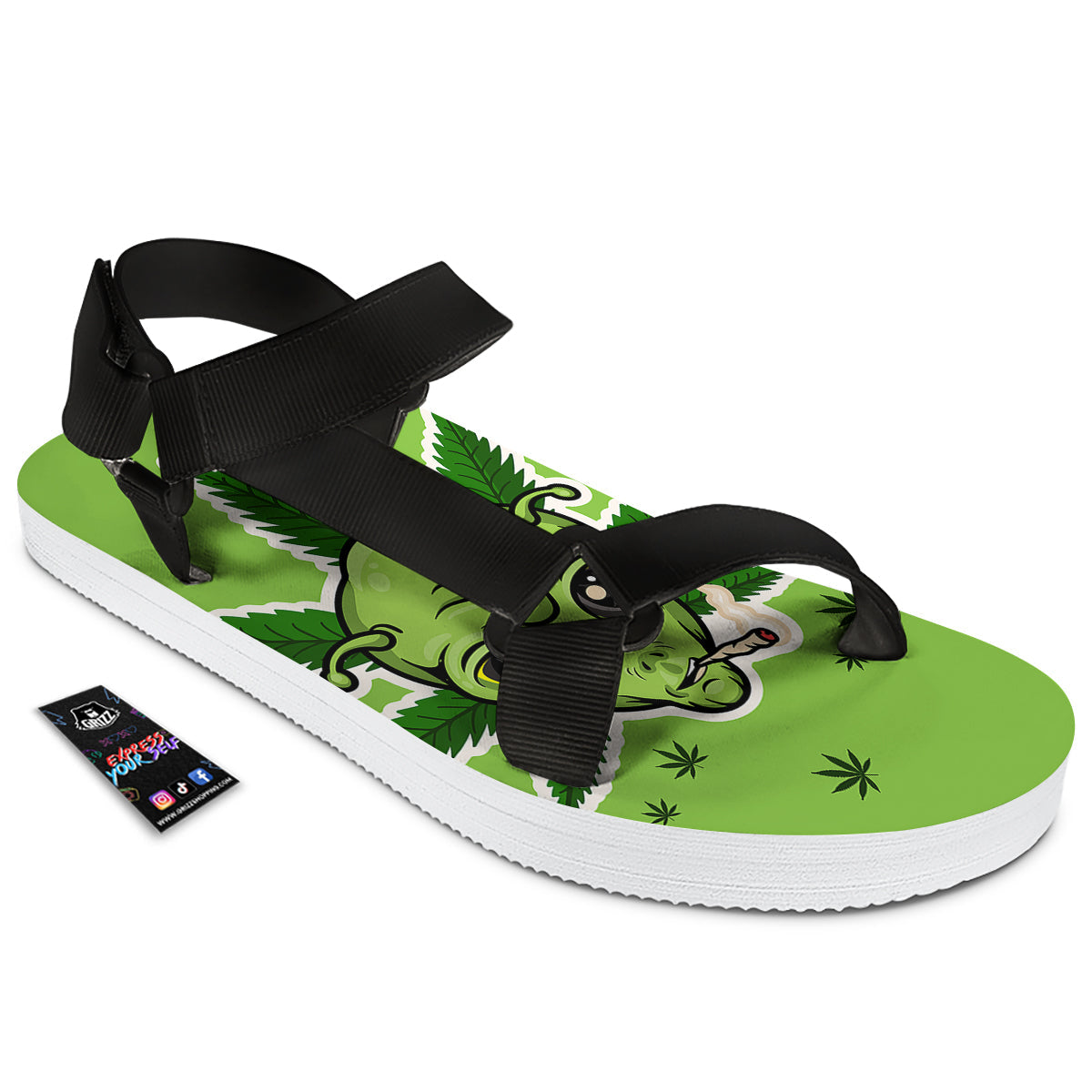 Green Alien Smoking Print Black Open Toe Sandals-grizzshop