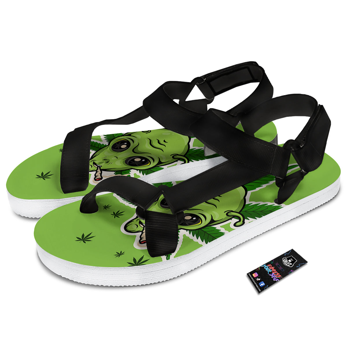 Green Alien Smoking Print Black Open Toe Sandals-grizzshop