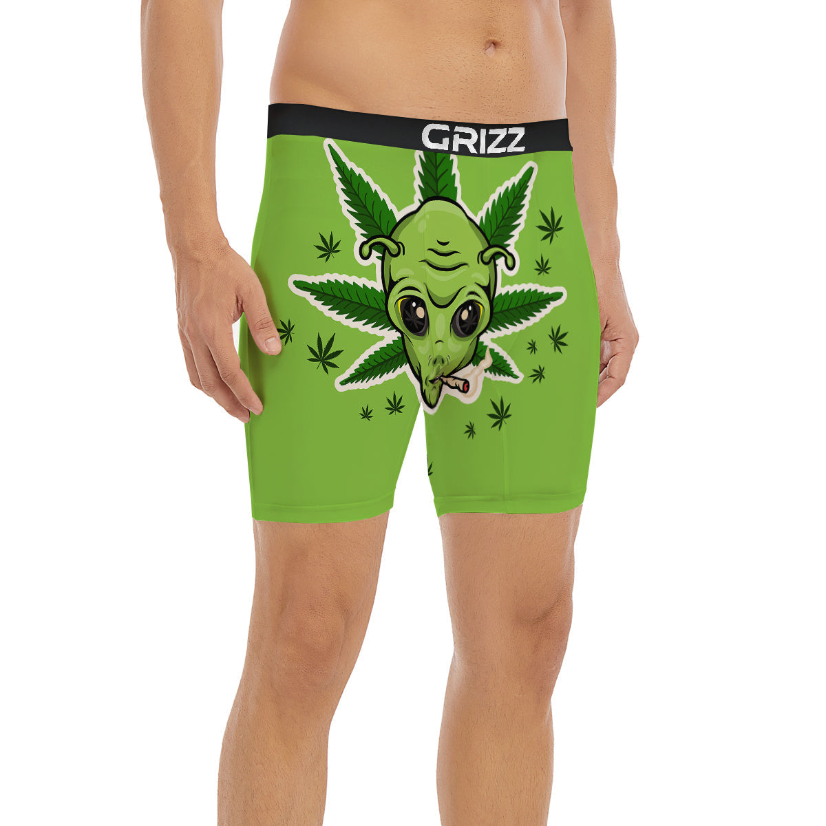 Green Alien Smoking Print Boxer Briefs-grizzshop