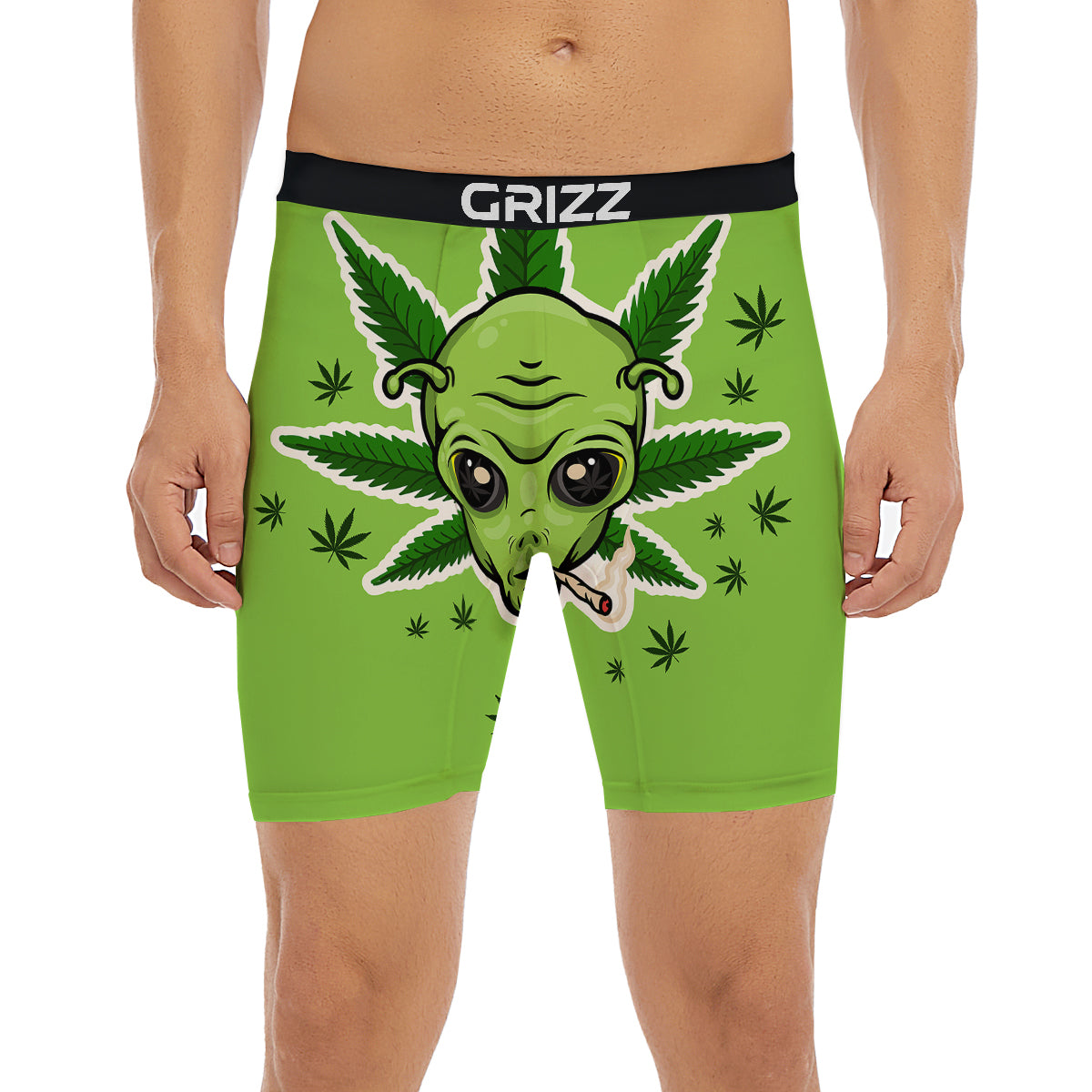 Green Alien Smoking Print Boxer Briefs-grizzshop