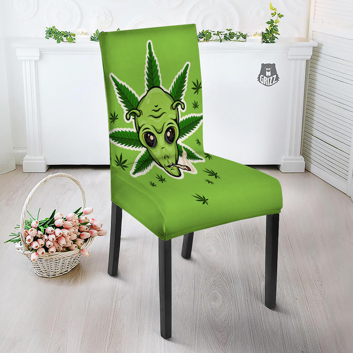 Green Alien Smoking Print Dining Chair Slipcover-grizzshop