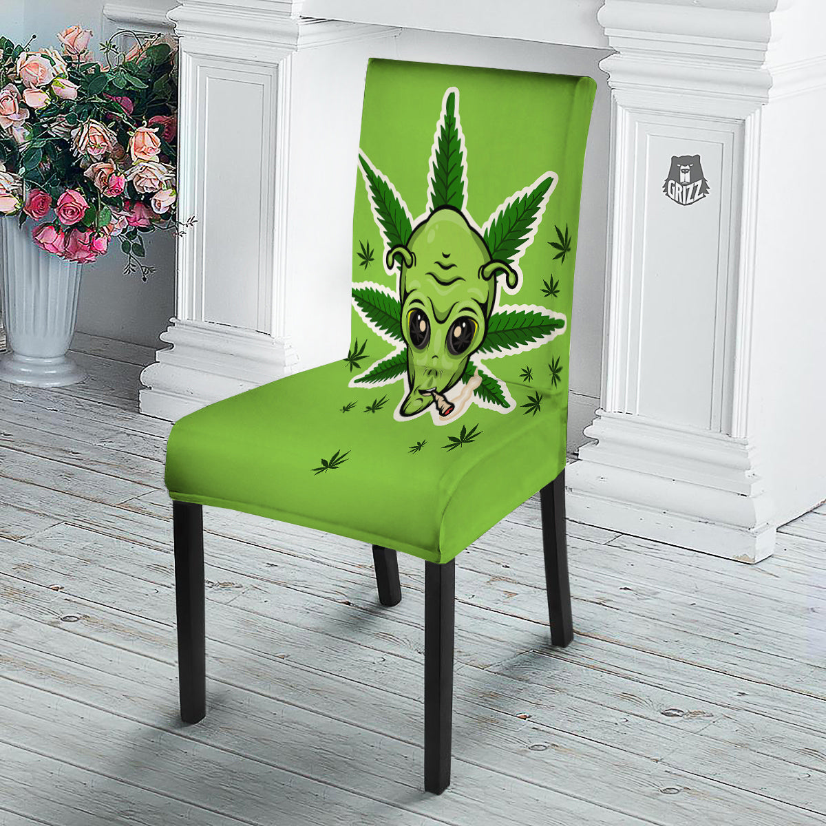 Green Alien Smoking Print Dining Chair Slipcover-grizzshop