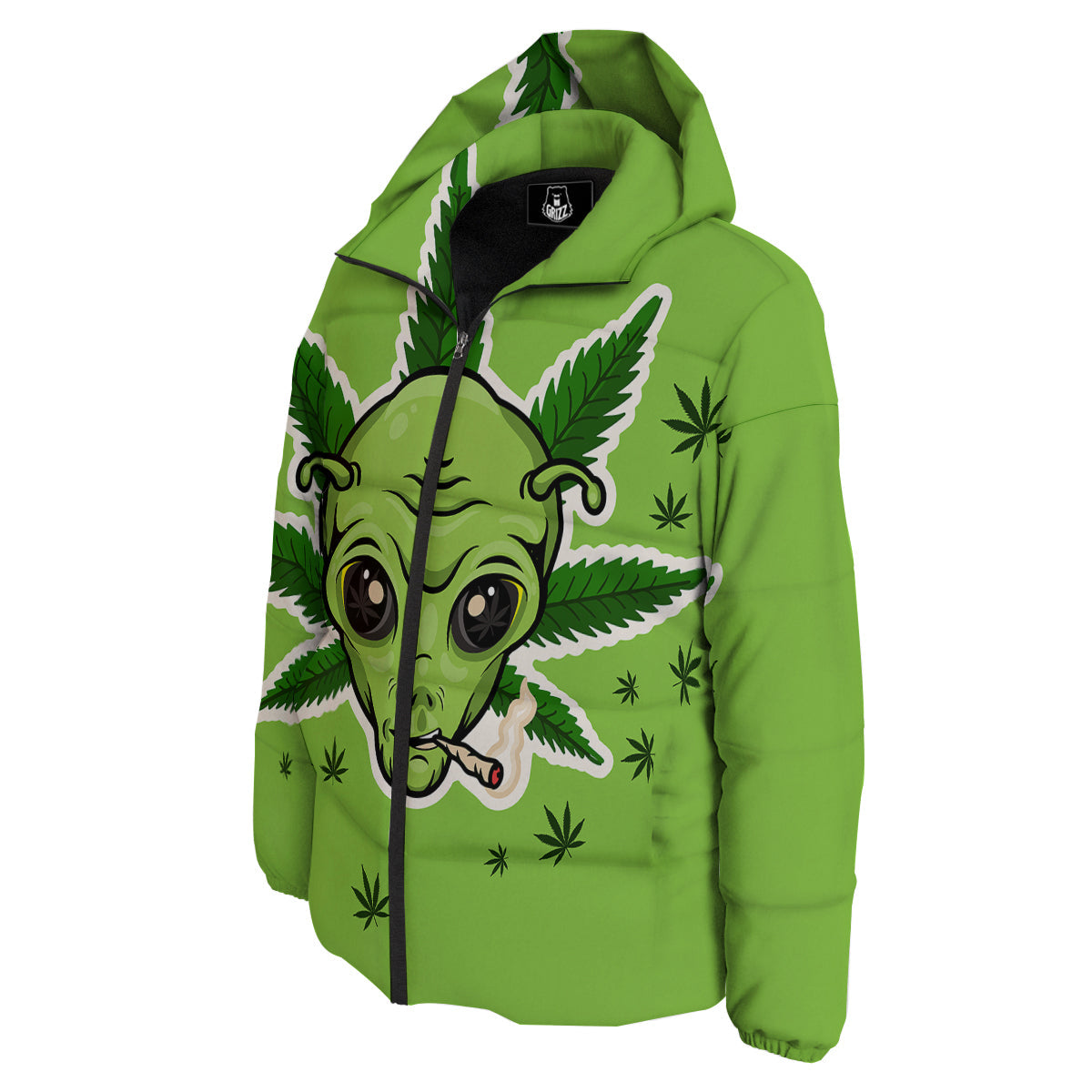 Green Alien Smoking Print Down Jacket-grizzshop