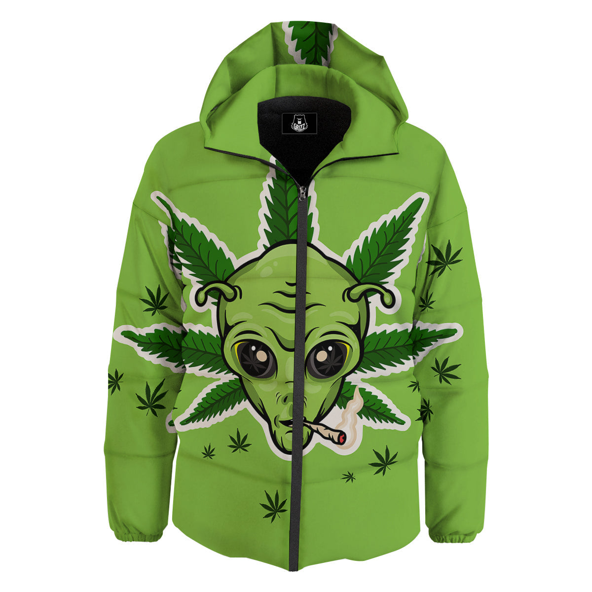Green Alien Smoking Print Down Jacket-grizzshop