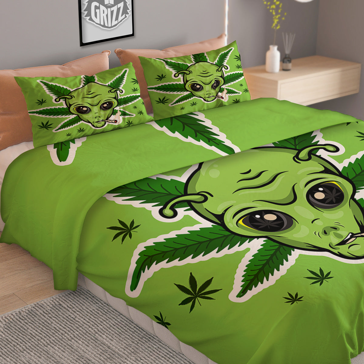 Green Alien Smoking Print Duvet Cover Bedding Set