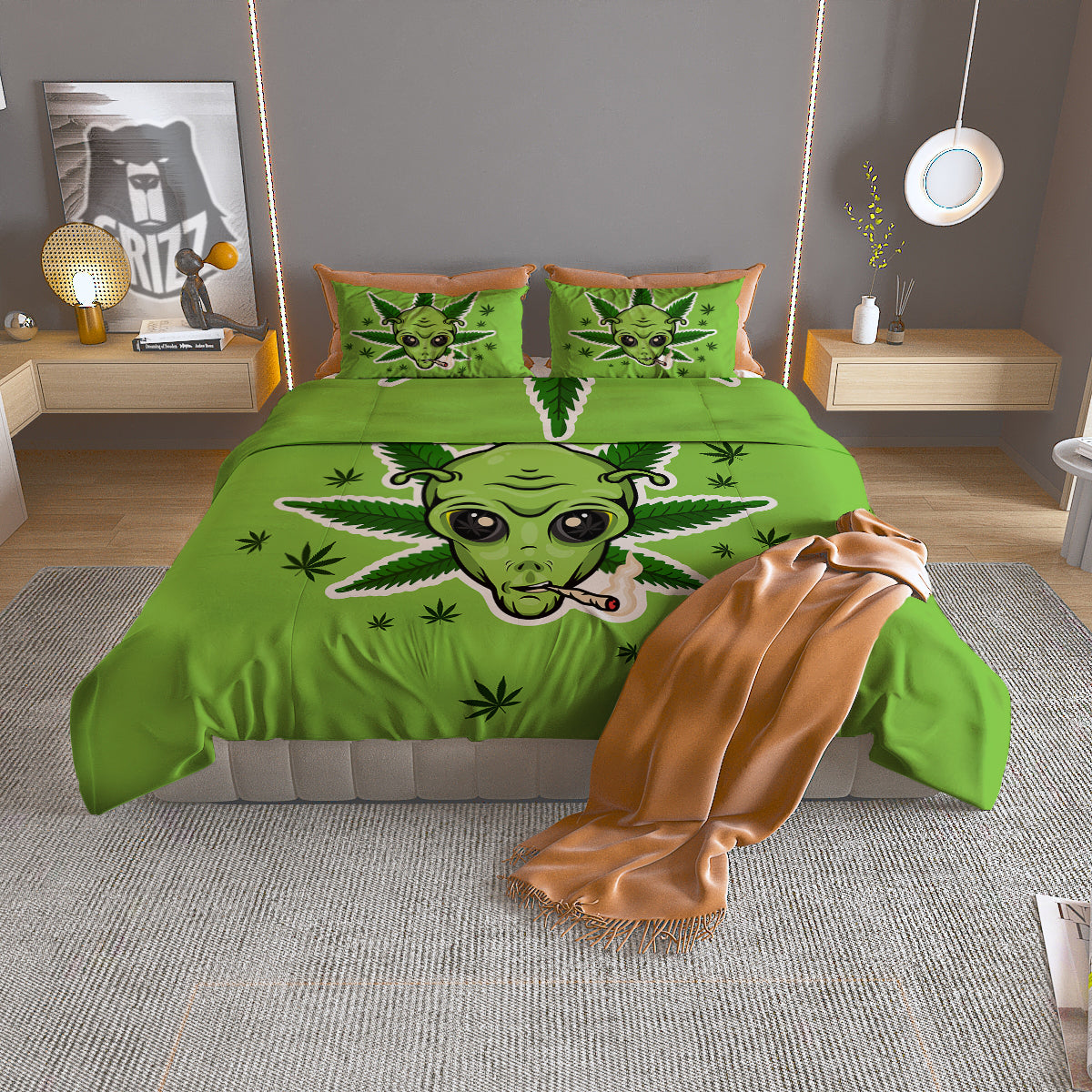 Green Alien Smoking Print Duvet Cover Bedding Set