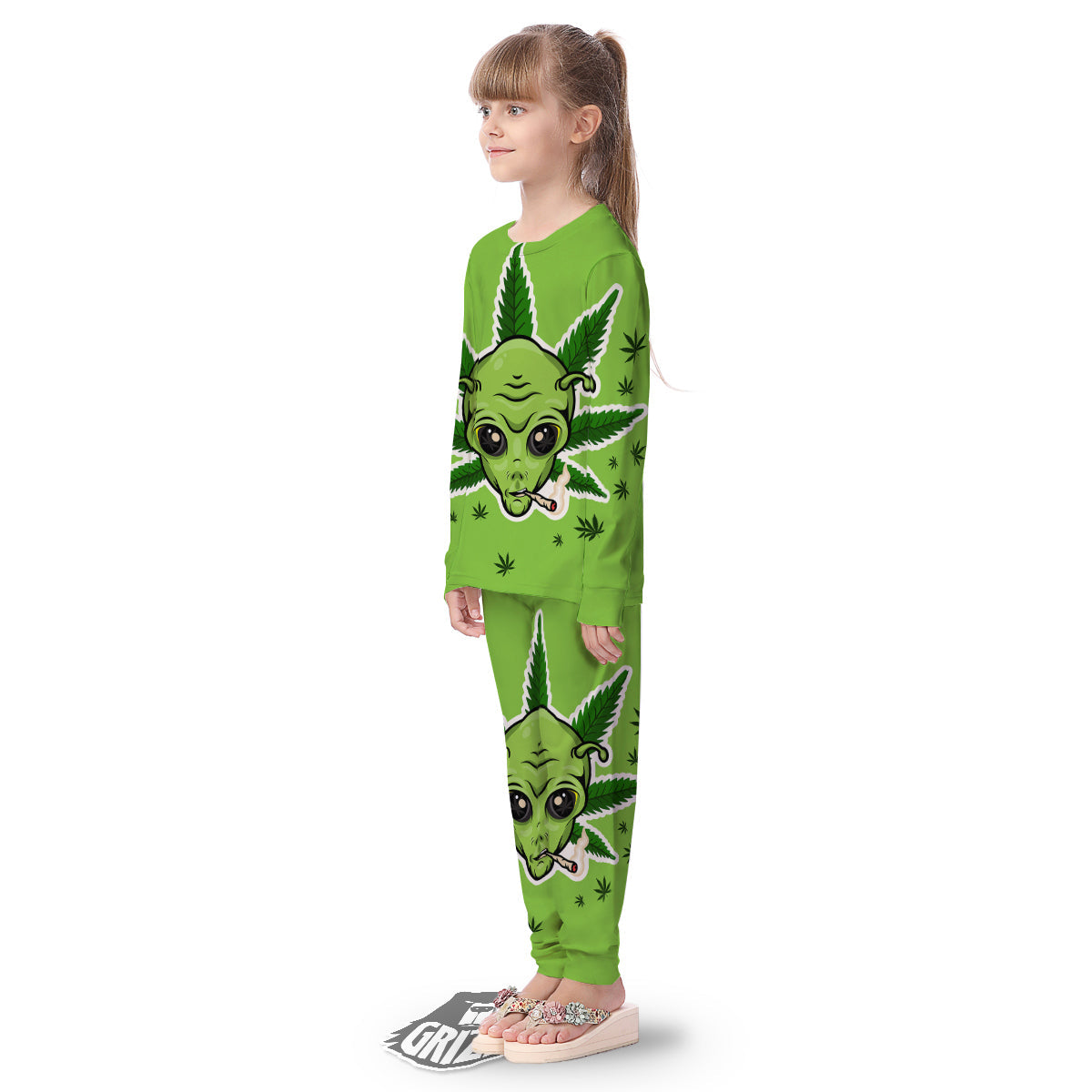 Green Alien Smoking Print Kid's Pajamas-grizzshop