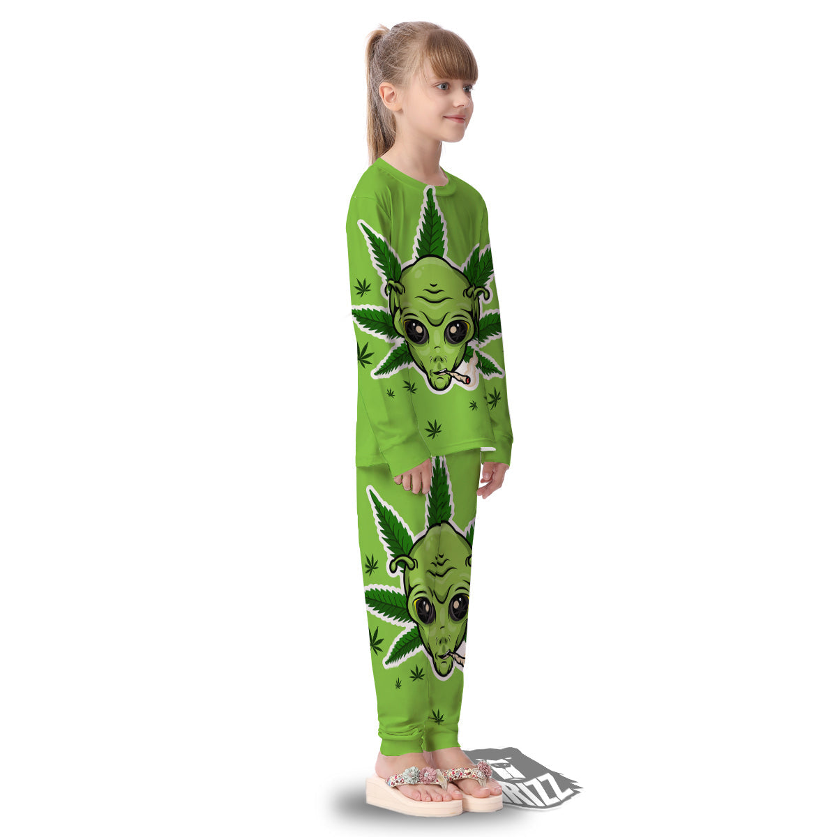 Green Alien Smoking Print Kid's Pajamas-grizzshop