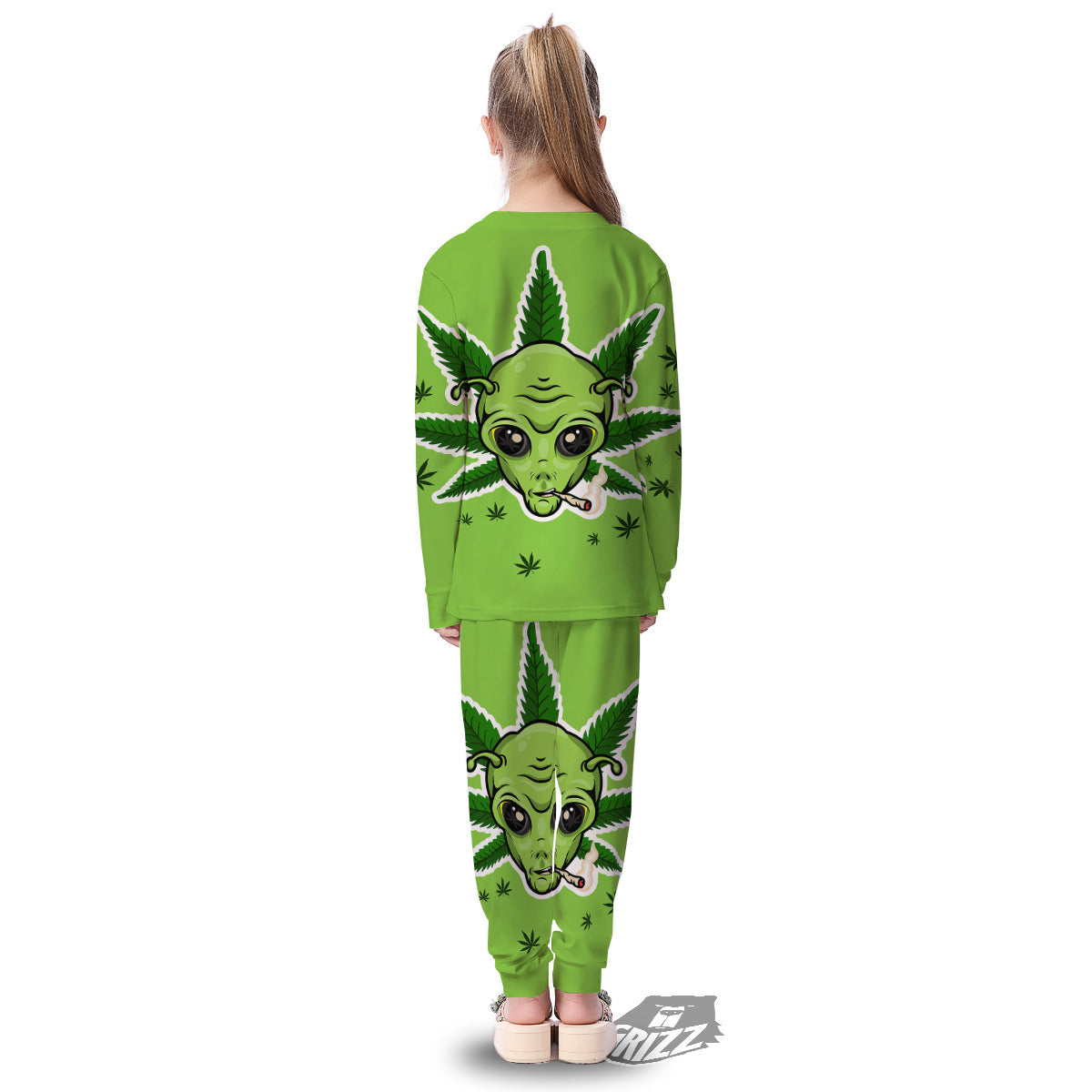 Green Alien Smoking Print Kid's Pajamas-grizzshop