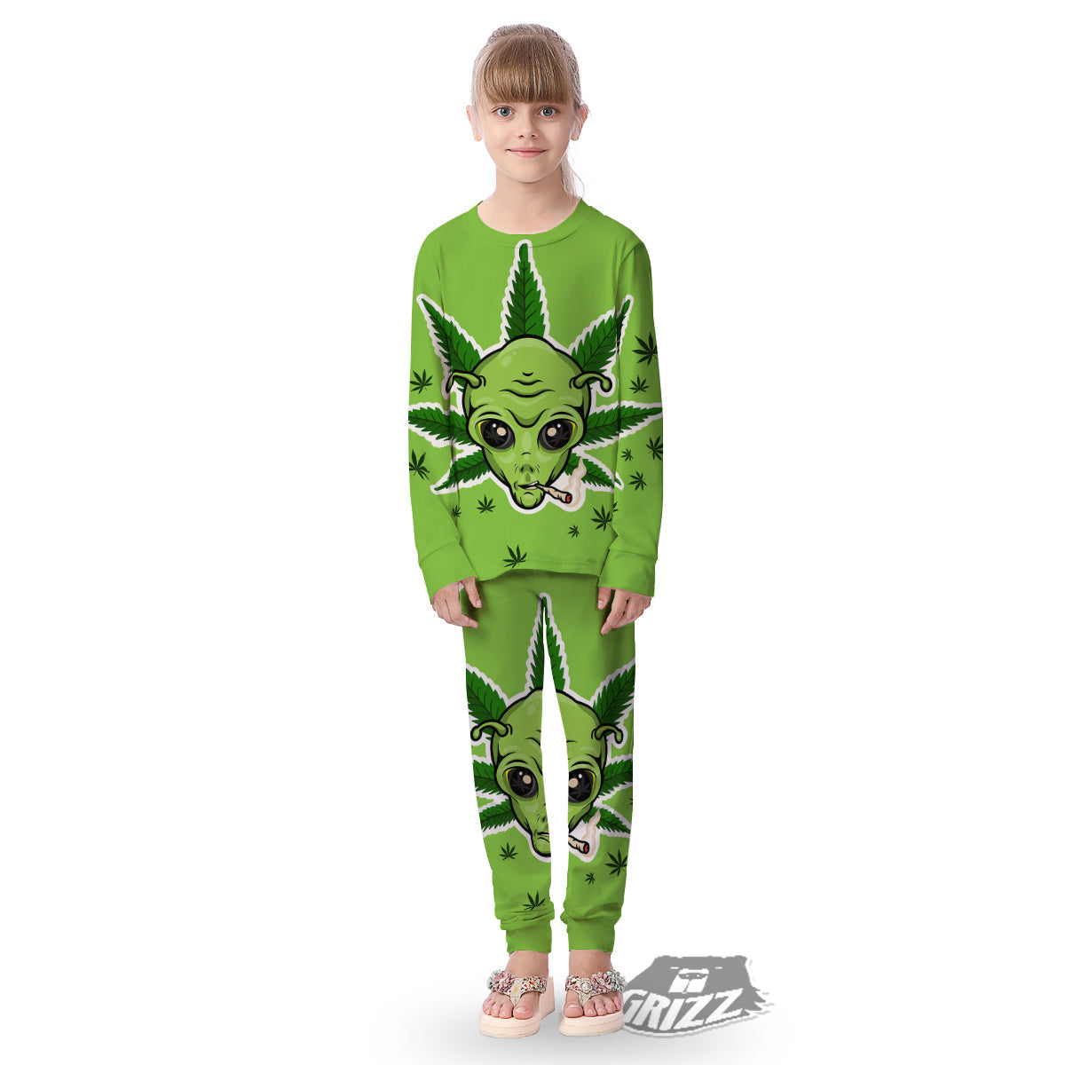 Green Alien Smoking Print Kid's Pajamas-grizzshop