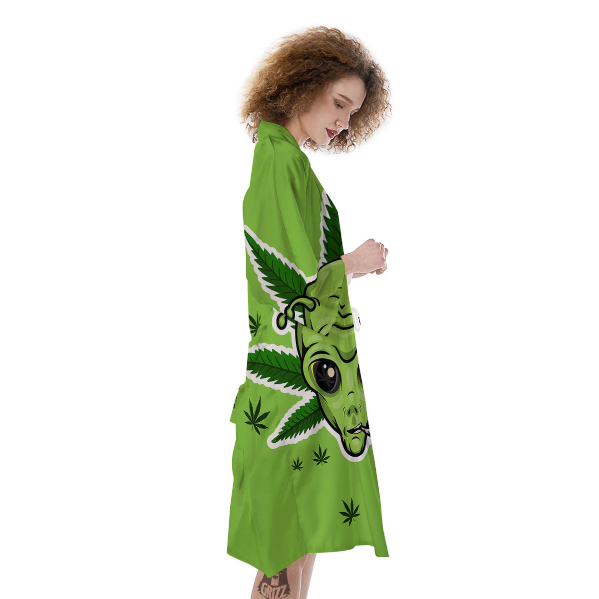 Green Alien Smoking Print Kimono-grizzshop