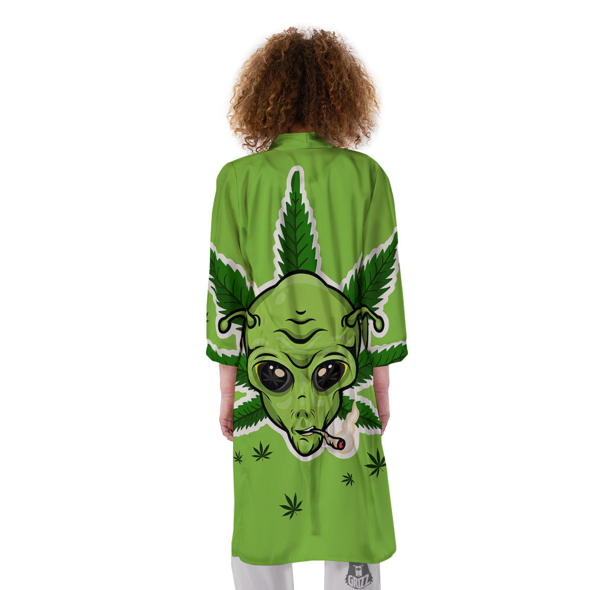 Green Alien Smoking Print Kimono-grizzshop