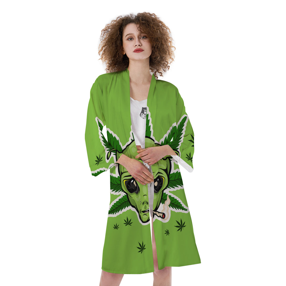 Green Alien Smoking Print Kimono-grizzshop