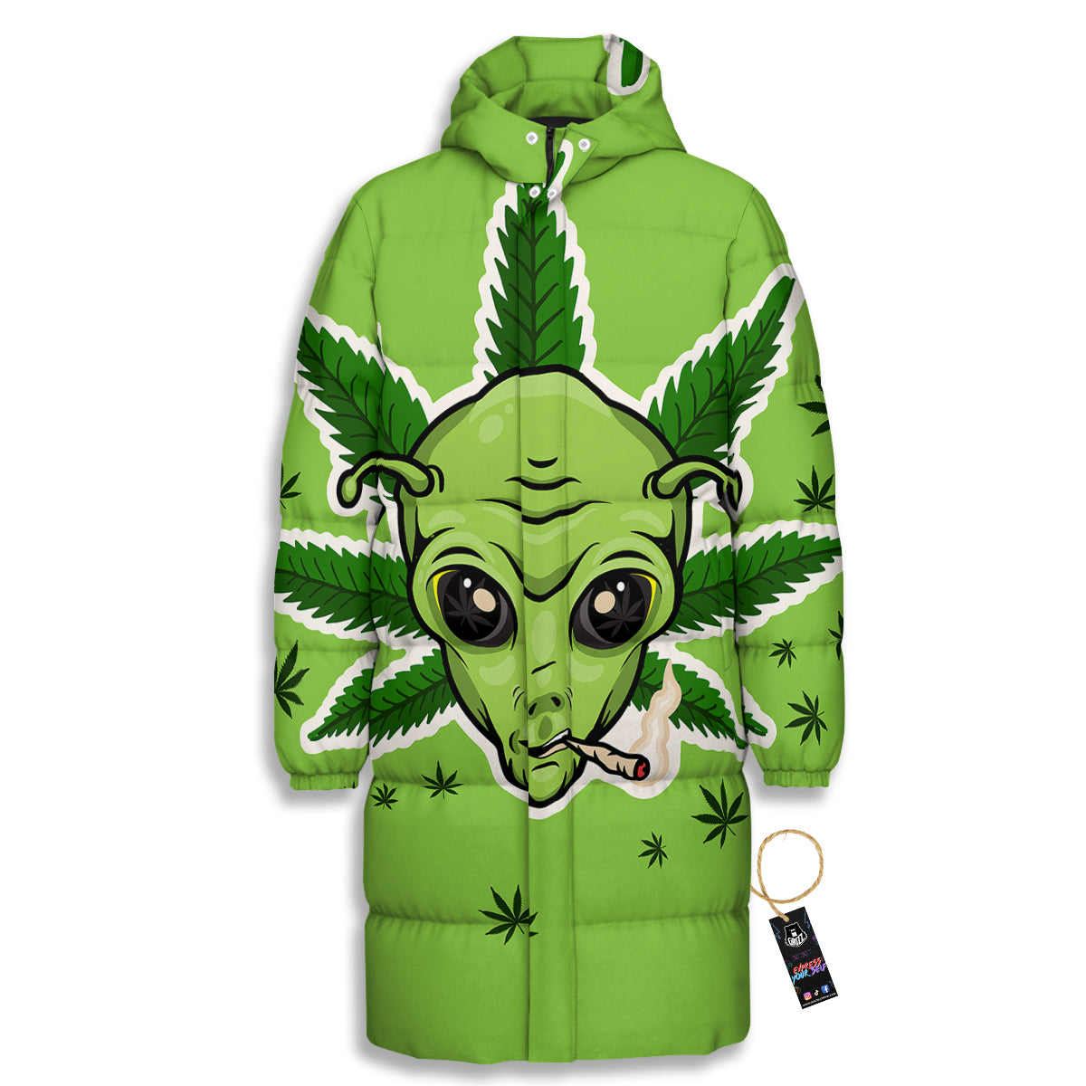 Green Alien Smoking Print Long Down Jacket-grizzshop