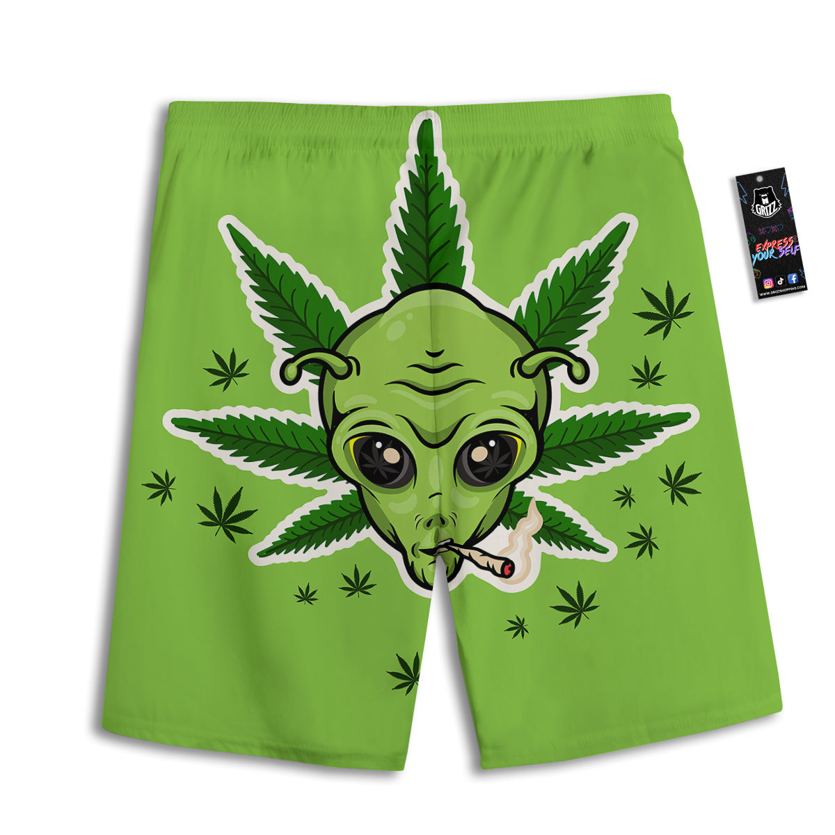 Green Alien Smoking Print Men's Athletic Shorts