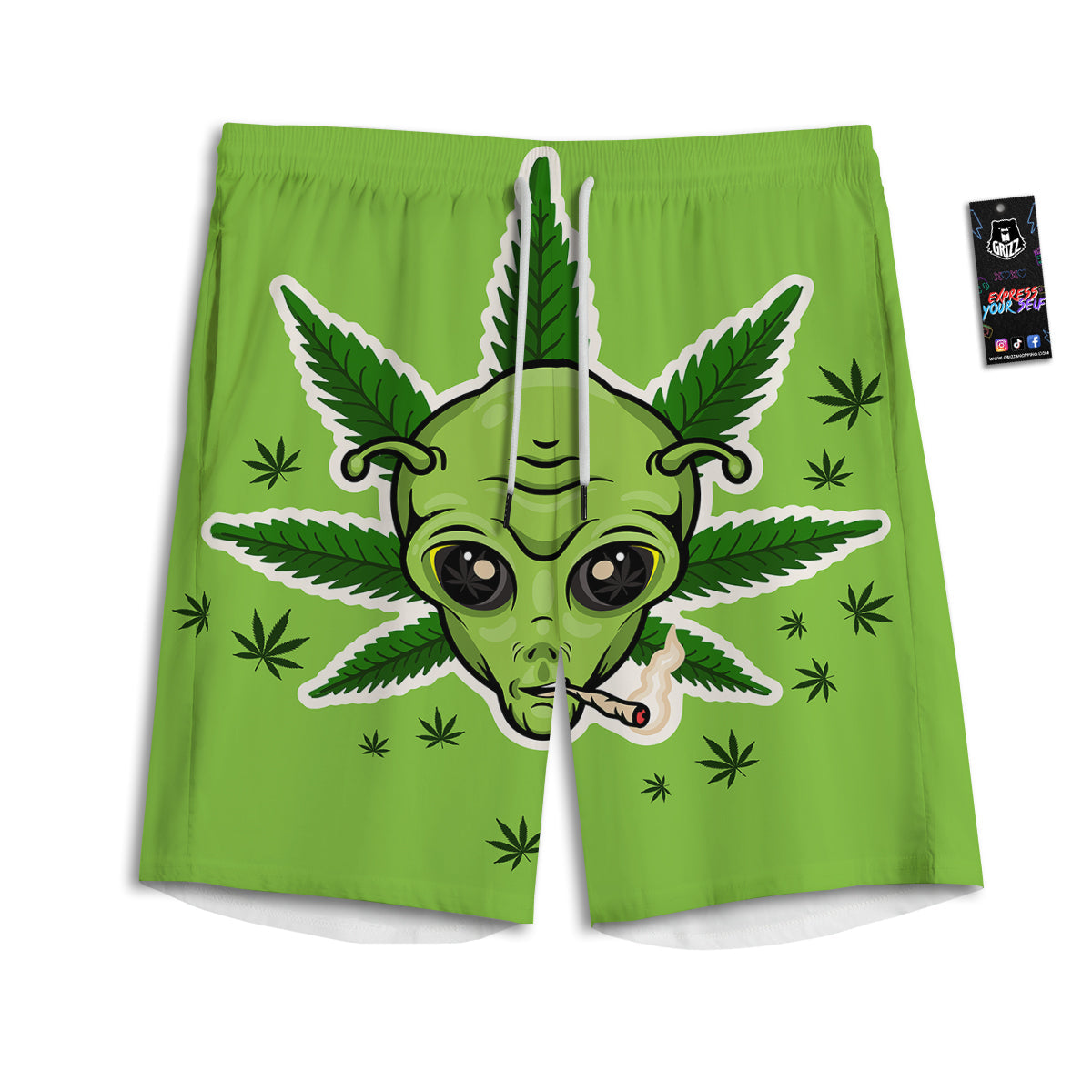 Green Alien Smoking Print Men's Athletic Shorts