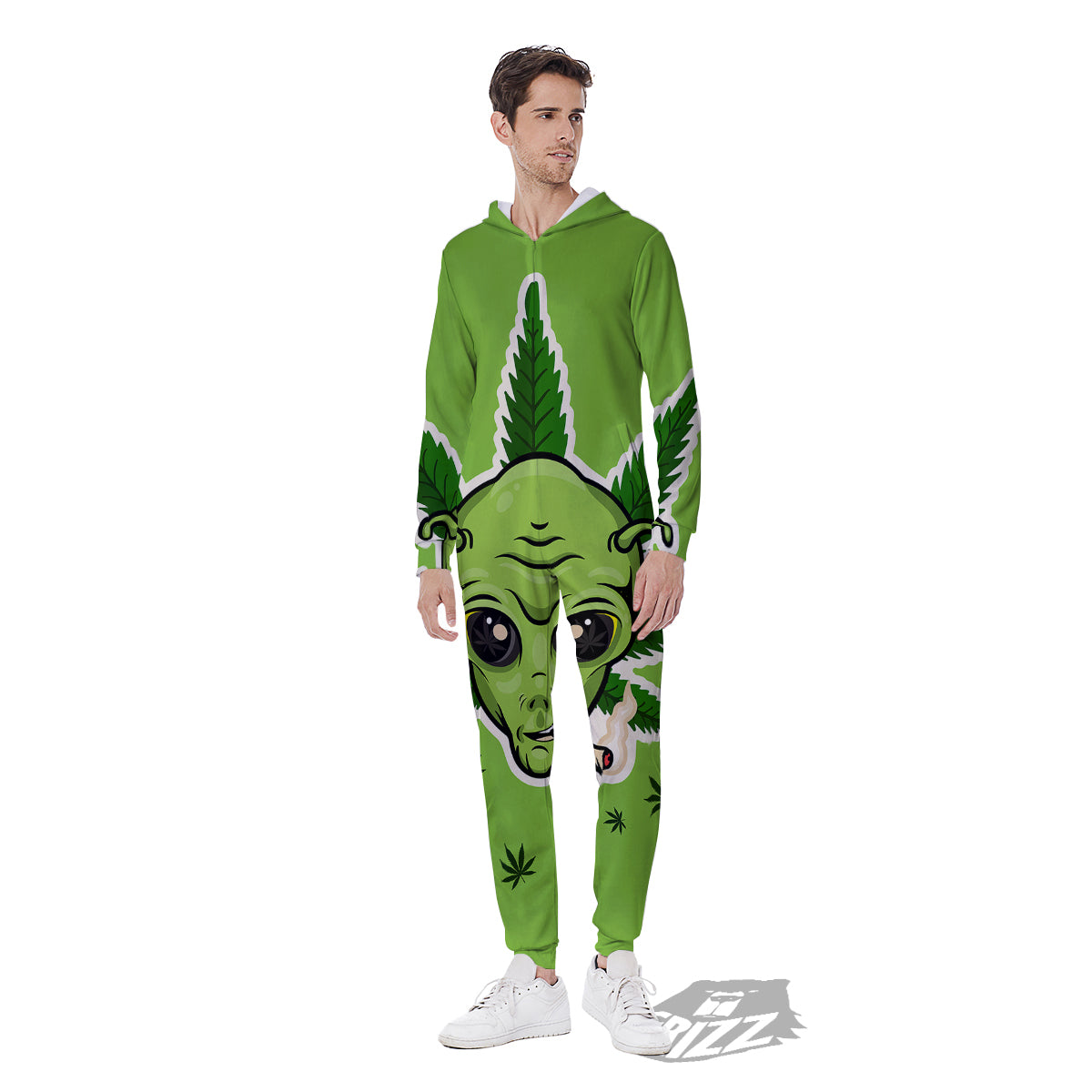 Green Alien Smoking Print Men's Jumpsuit-grizzshop
